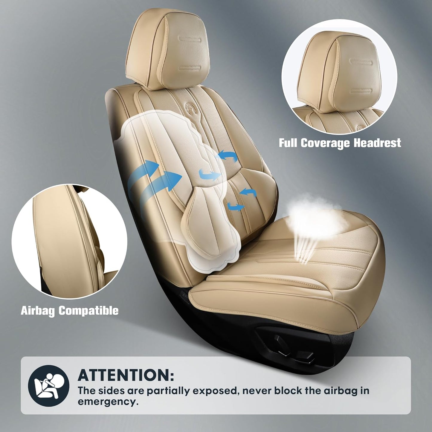 AOOG Front Seat Covers, Car Seat Covers Front Seats, Leather Seat Covers for Cars, Waterproof Seat Covers with Lumbar Support Universal Fit for Most Cars SUV Trucks(Front Pair, Beige)