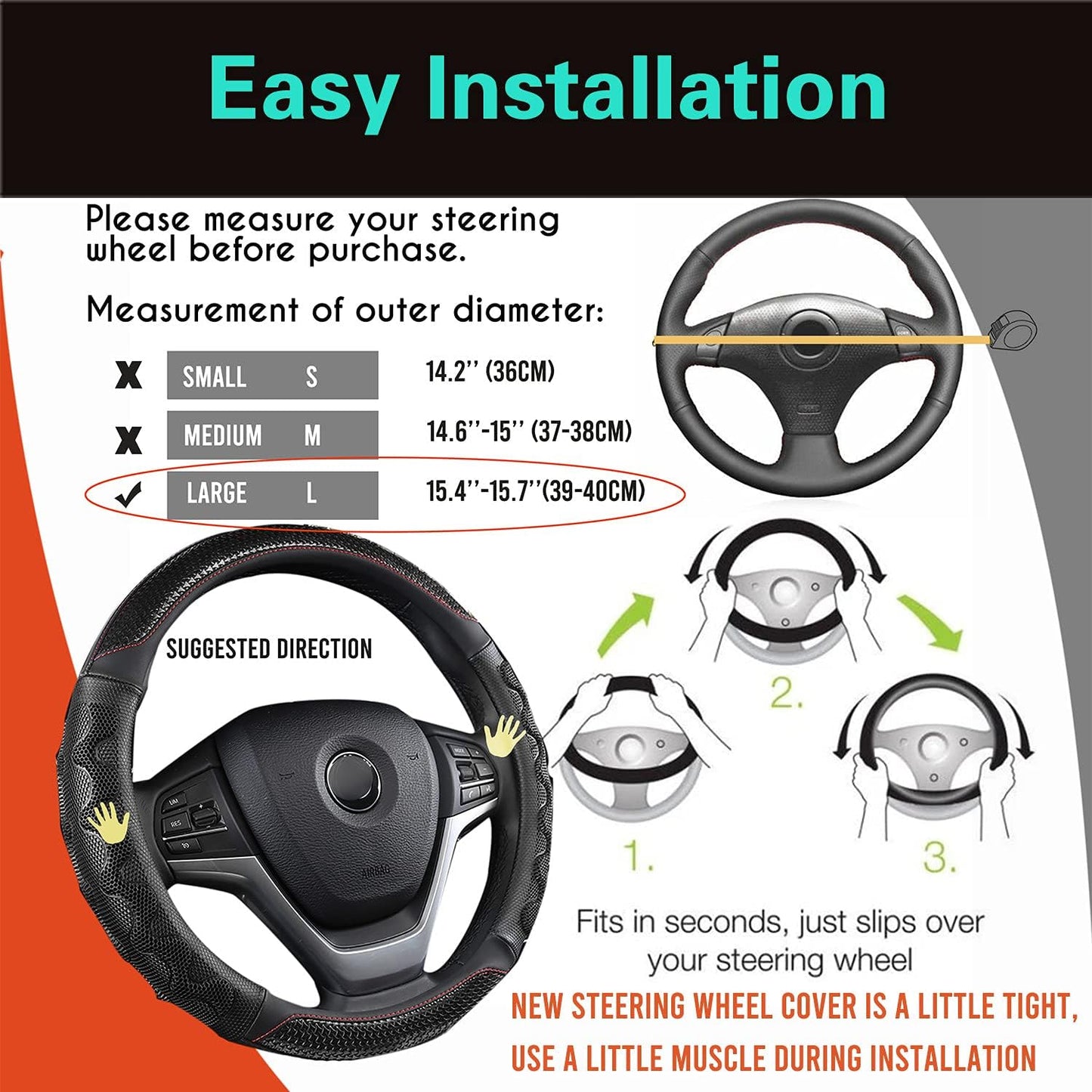 PINCTROT Large Size Steering Wheel Cover Great Grip with 3D Honeycomb Anti-Slip Design, 15.5-15.75 Inch (Black/Red Stitch)