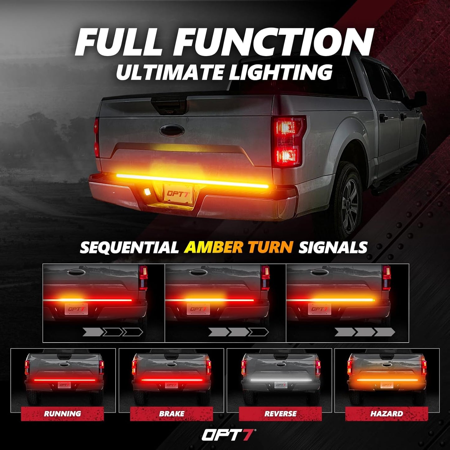 OPT7 60" Redline Triple Row LED Tailgate Light Bar w/Sequential Amber Turn Signal - Weatherproof Rigid Aluminum Frame Light Strip for F150 RAM Silverado Sierra - Full Functions Reverse Brake Running