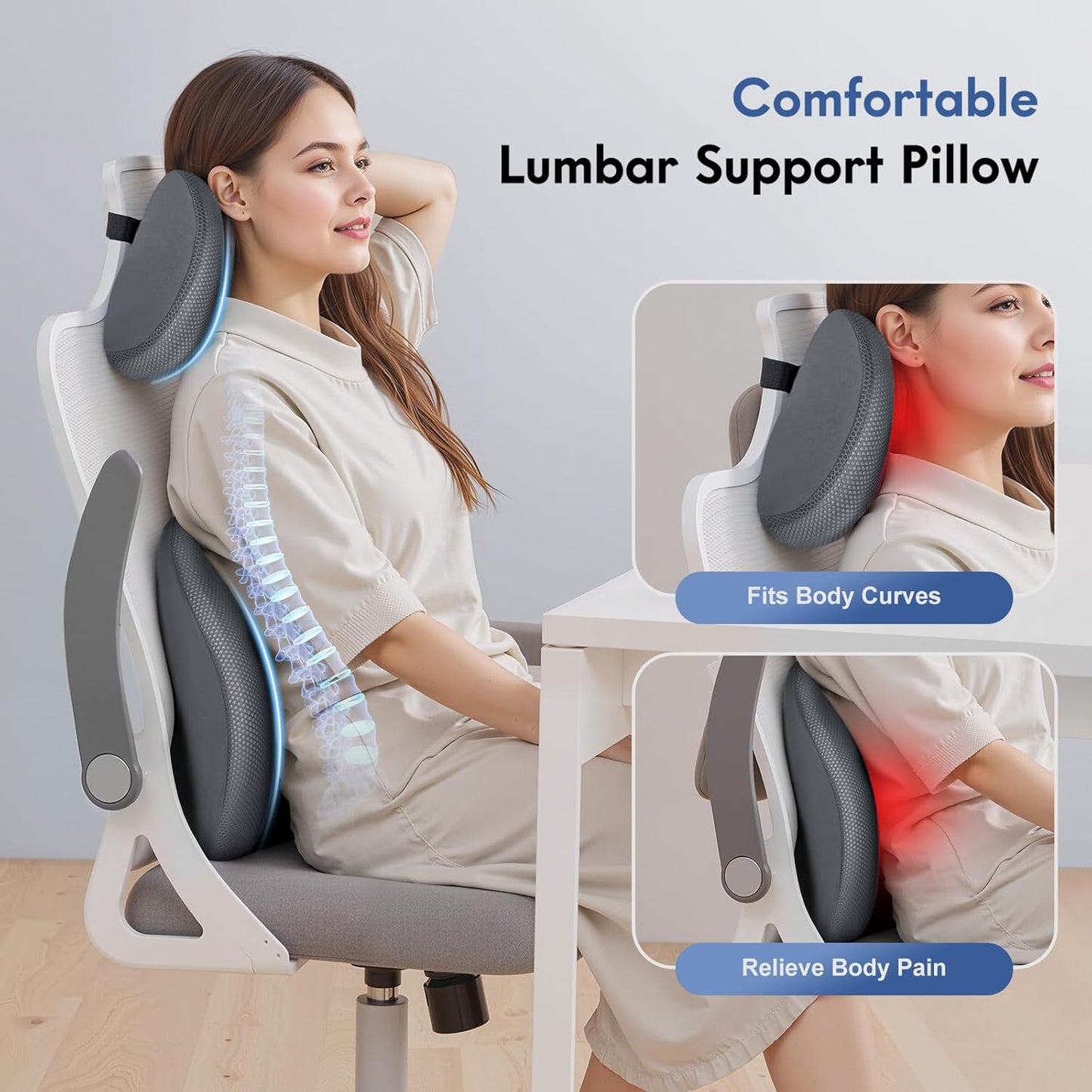 FLORICH Lumbar Support Pillow and Neck Pillow for Office Chair Car, Ergonomic Memory Foam Back Support for Office Gaming Chair Driving Seat Wheelchair, Relieves Neck, Back & Sciatica Pain – Grey
