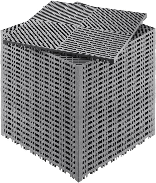 VEVOR Interlocking Drainage Mat, 15.7” x 15.7” Modular Interlocking Cushion, 24 Pcs Splicing Drainage Mats, Non-Slip Gray PP Drainage Floor Tile and Shower Mat, for Garage, Garden, Kitchen & Outdoor