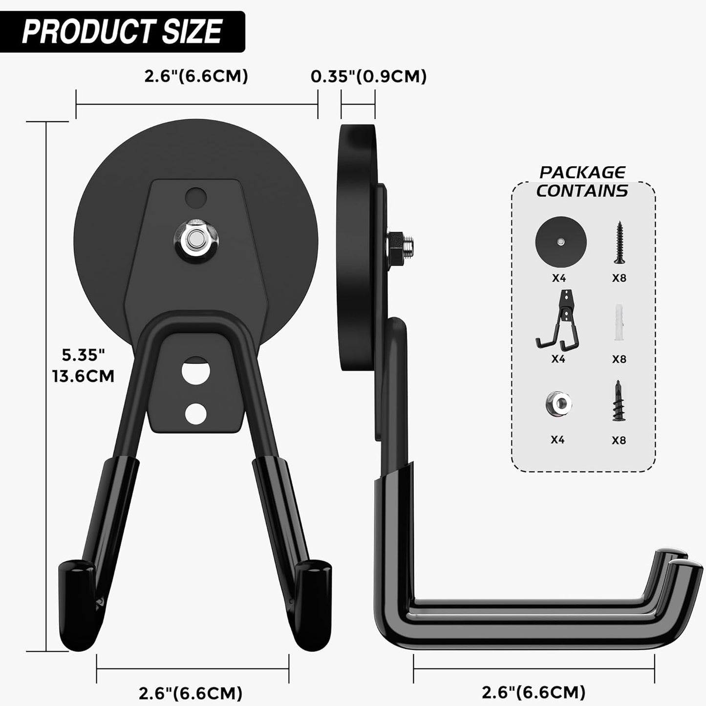 4Pcs Heavy Duty Storage Magnetic Utility Hooks Large Garage Strong Extra Magnet Hooks Hanger with Anti-Slip Coating Heavy Duty Magnetic Hooks for Hanging Power Dril Garage Garden Tools Black