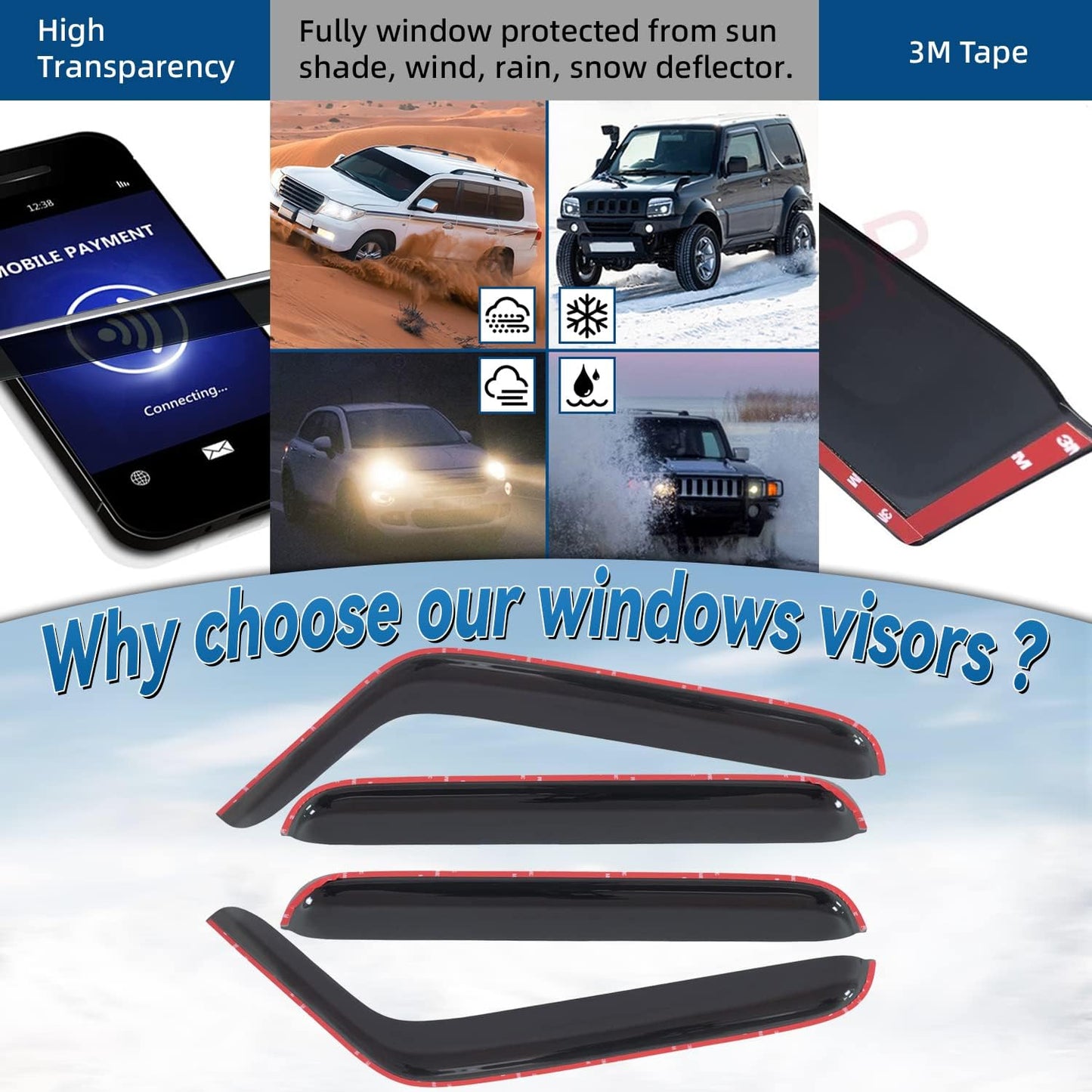 Set of 4 Front+Rear Smoke Sun/Rain Guard Outside Mount Tape-On Acrylic Window Visors Compatible with 07-18 Wrangler JK 4-Door