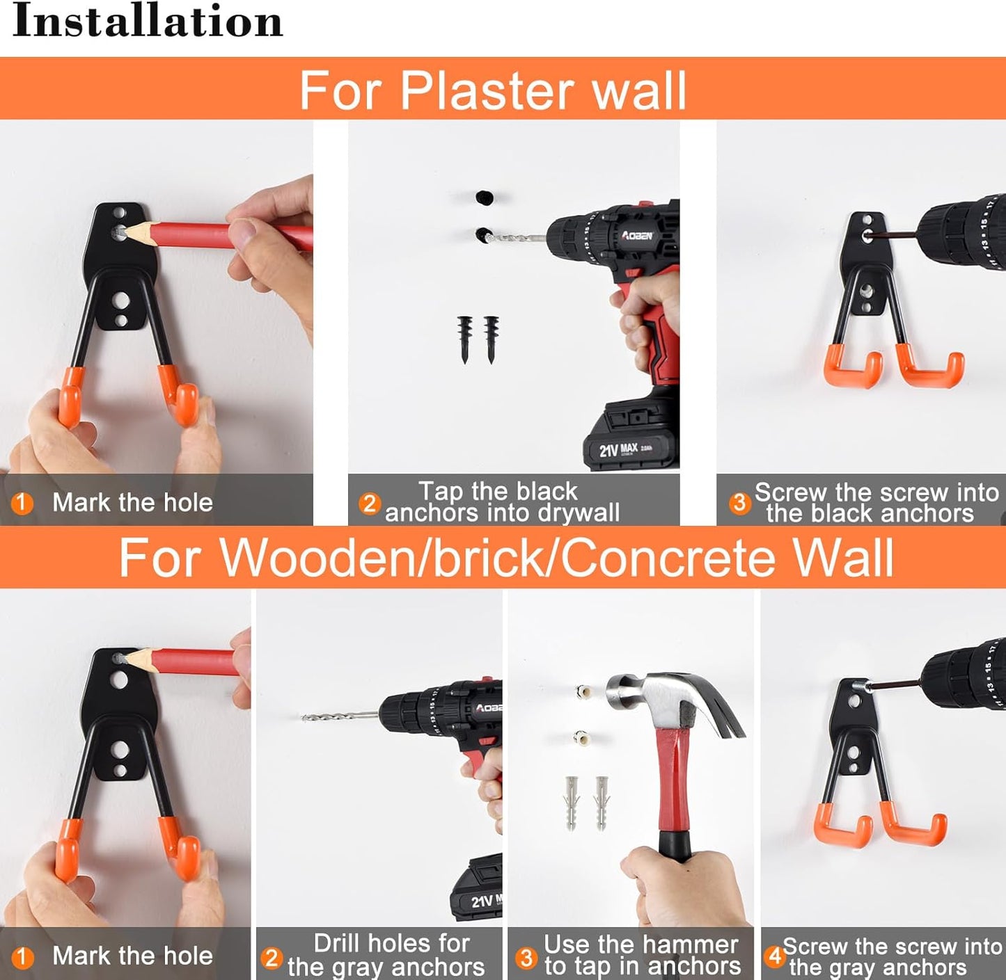 AOBEN Garage Hooks,24Pack Heavy Duty Garage Hanger Organizer Anti-Slip Double Wall Garage Storage Hooks for Ladder, Power Tool,Bike,Ropes (23 Hooks & 1 hoder Strap)-Black