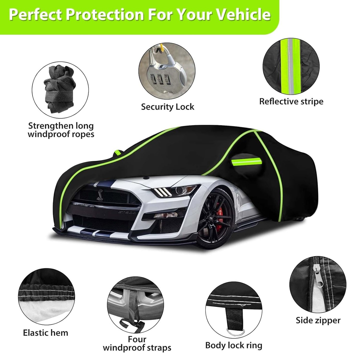 6 Layers Full Car Cover for 1994-2024 Ford Mustang GT/Shelby/Cobra/Bullitt/ECOBOOST,Waterproof All Weather PEVA Adding Cotton Protection with Door Zipper & Storage Bag