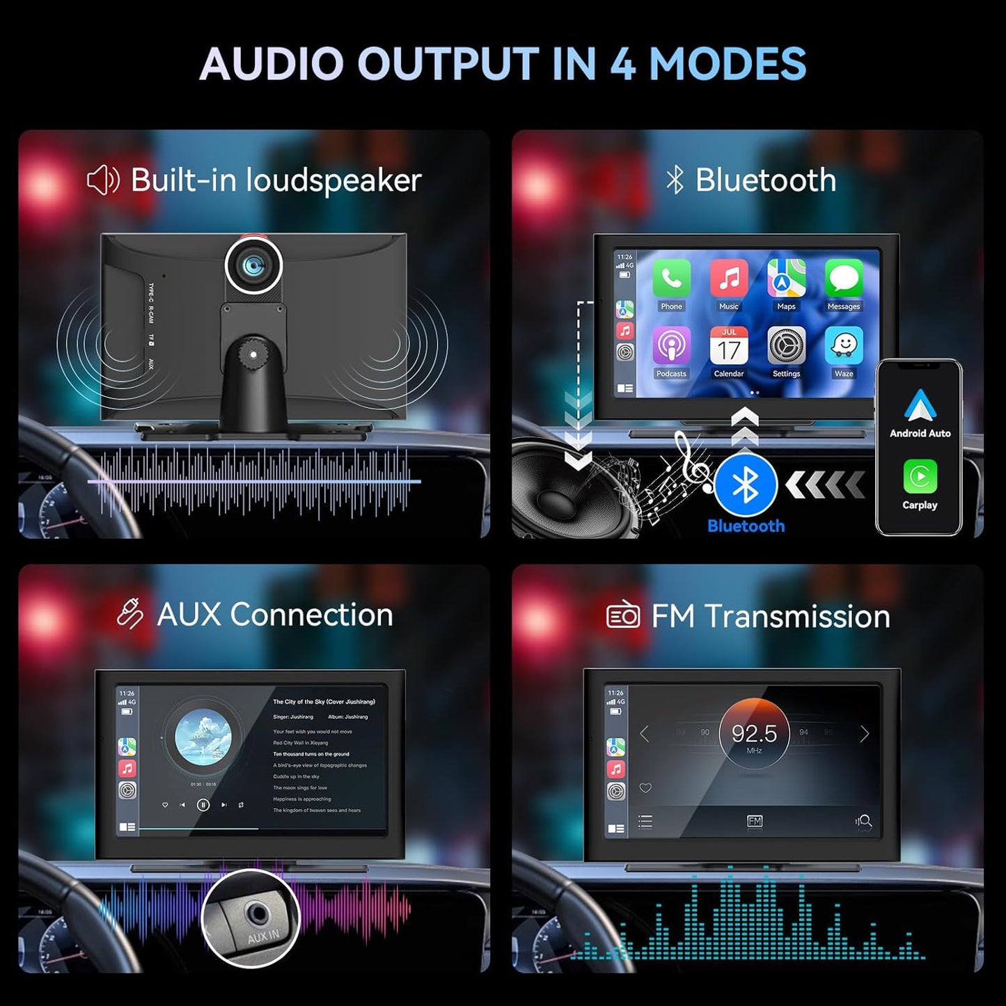 7” Wireless Carplay &Android Auto IPS Touch Screen, Portable Car Stereo with 4K Front Dash Cam + 1080p Backup Camera, Bluetooth/GPS Navigation/Mirror Link/Voice Control/Loop Recording with 64GB TFCard