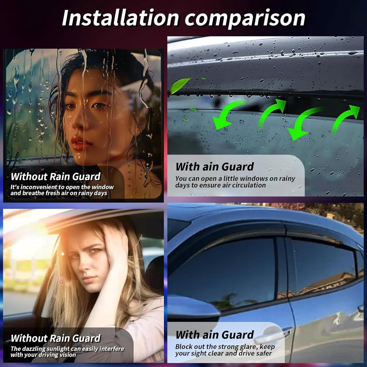 Rain Guards Side Window Visor Vent Outside Mount, 4PCS Fits for Honda Civic 4-Door Sedan 2012 2013 2014 2015