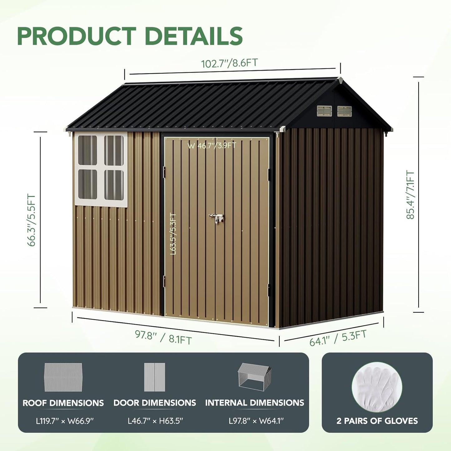 8X6FT Outdoor Steel Storage Shed with Lockable Doors, One Window,Ideal for Garden, Backyard, Patio Storage,Brown