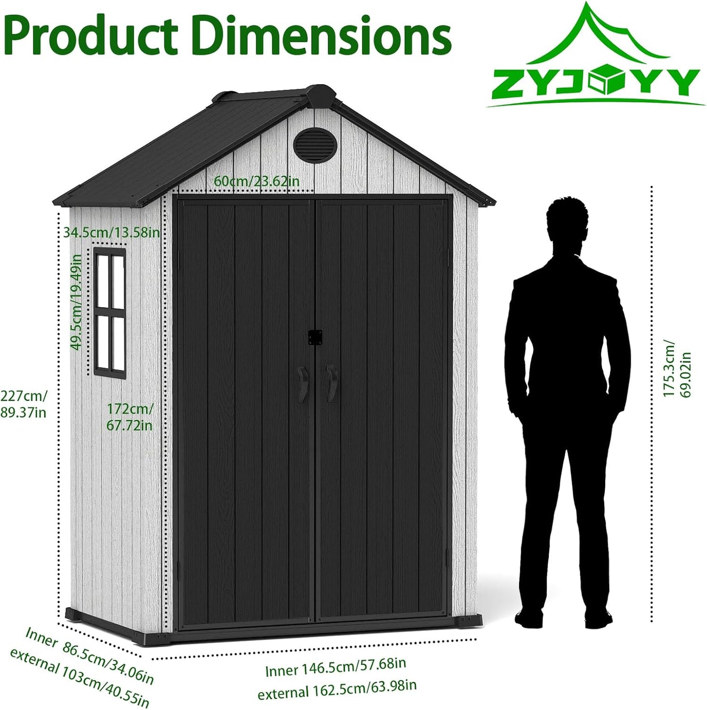 6x4 FT Resin Storage Shed,Lockable Door, and Vents for Garden, Backyard, Patio, Lawn,Grey Black