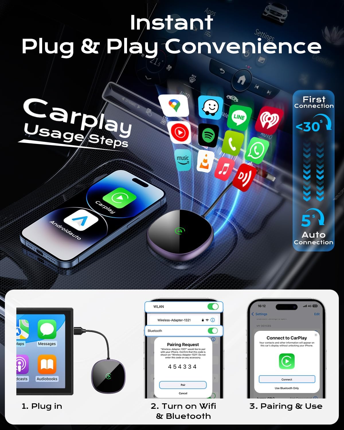 Wireless Carplay Adapter for iPhone & Android Auto 2-in-1, Stable, Plug & Play Low Delay Carplay Wireless Adapter Convert Wired to Wireless Apple Car Play Dongle for iOS 10+/Android 11+ (Purple)