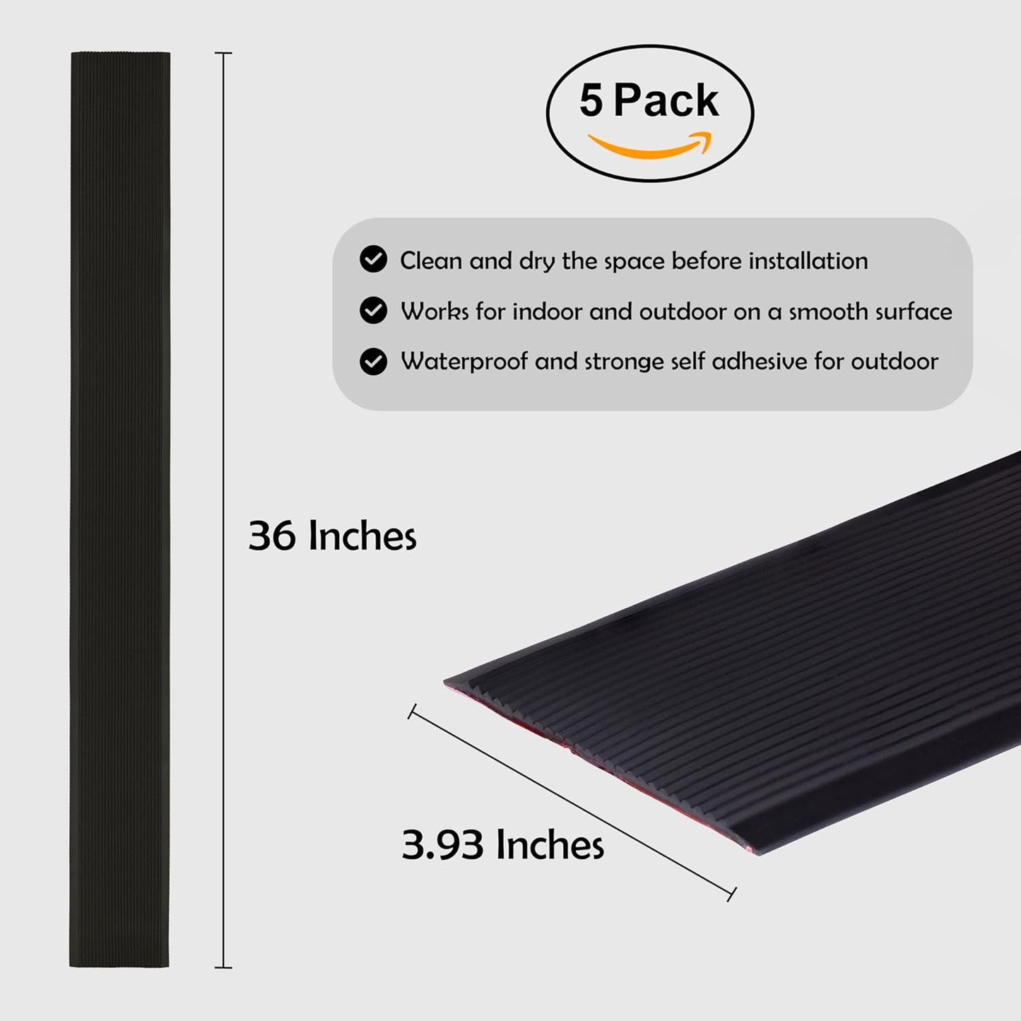 Rubber Bond 4x36in Anti Slip Stair Treads (5-Pack) - Waterproof Outdoor/Indoor Heavy Duty Non-Skid Tape for Stairs - Adhesive Rubber Grip Strips for Steps & Ramps - Black