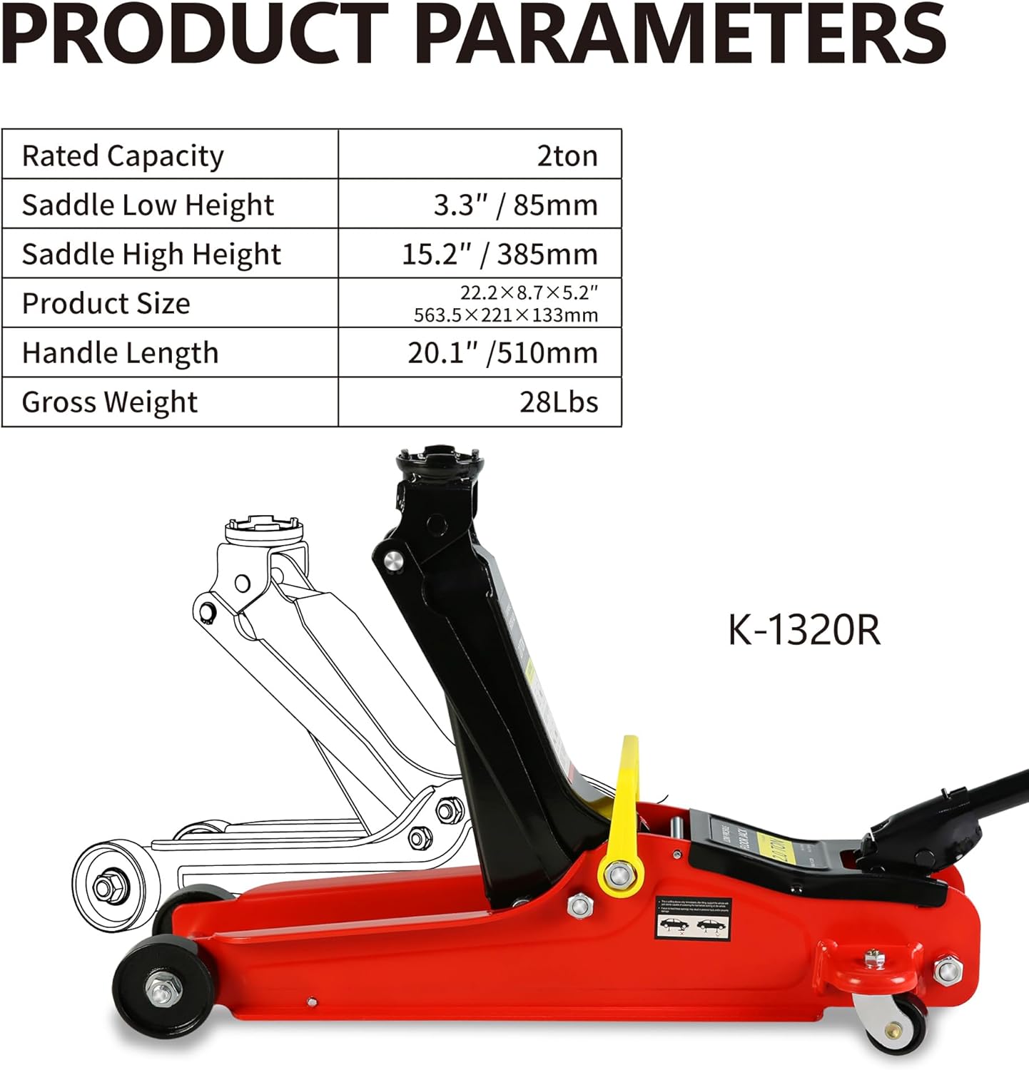 5 Piece Car Truck Floor Jack Service, Hydraulic Trolley Floor Jack & Jack Stands & Tire Repair Kit & L-Wrench for Garage, Repair Shop, DIY, Lift Range 3.3"-15.2", 2 Ton/4000 LBS Capacity, Red