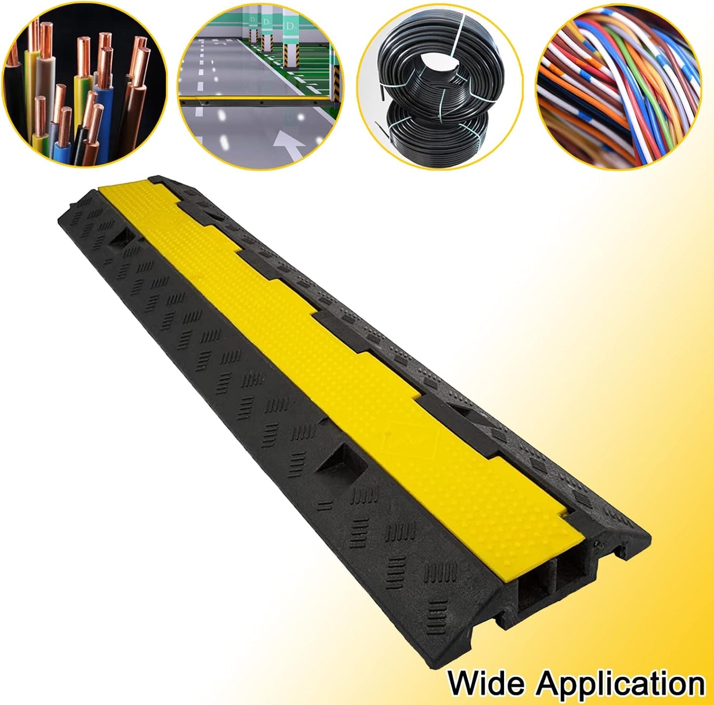 CXRCY Cable Ramp 4 Pack 2 Channel 11000lbs axle Capacity Floor Cable Cord Protector, Black & Yellow Speed Bumps Hose Protector Ramps for Wire/Hose/Pipe Hider Driveway &Outdoor 40x10x2 inch(L x W x H)