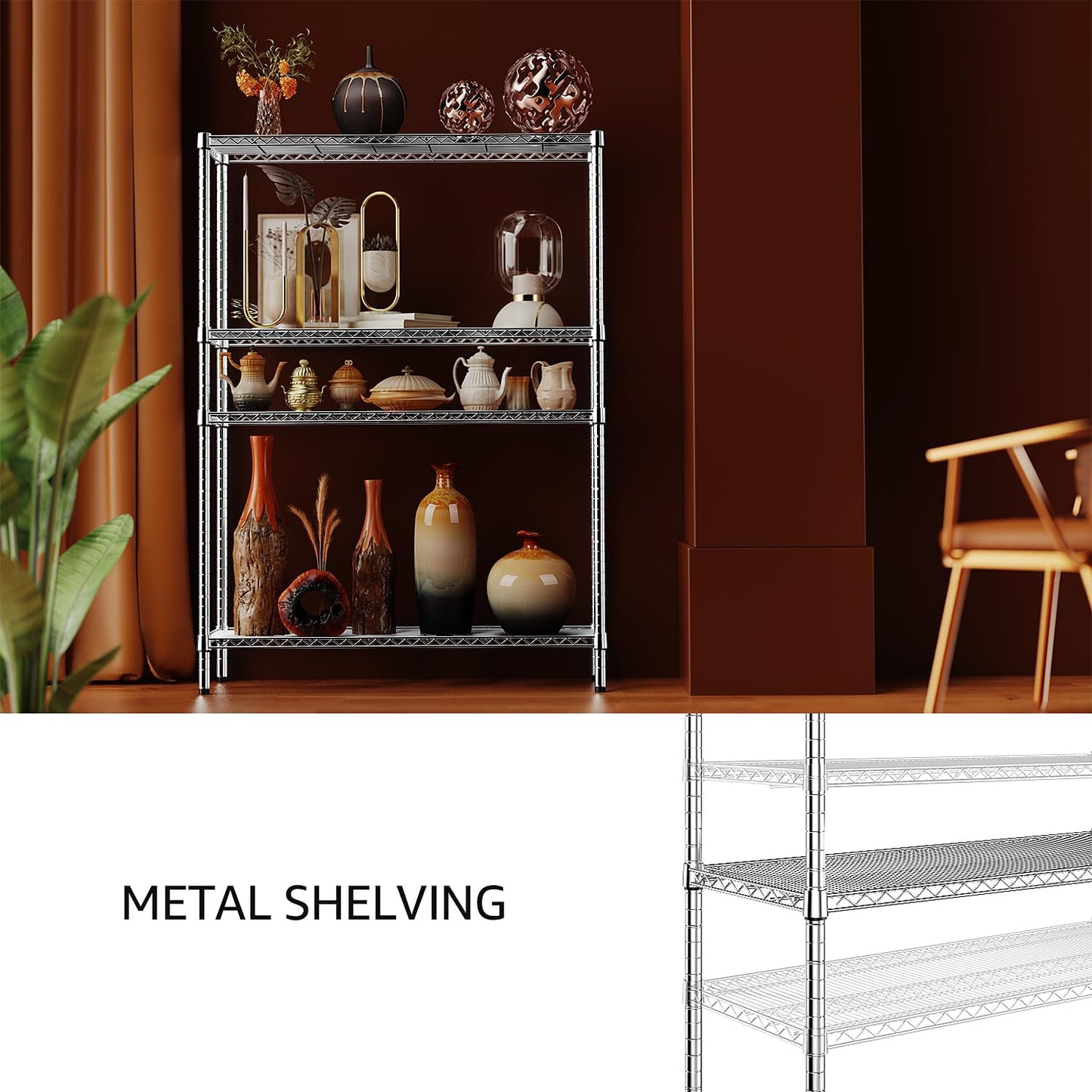 IZEUK 2640 LBS Garage Shelving Wide Storage Shelves 4 Tier Metal Shelves Heavy Duty Adjustable Utility Shelf Rack Chrome 17.7" D x 59.1" W x 70.4" H