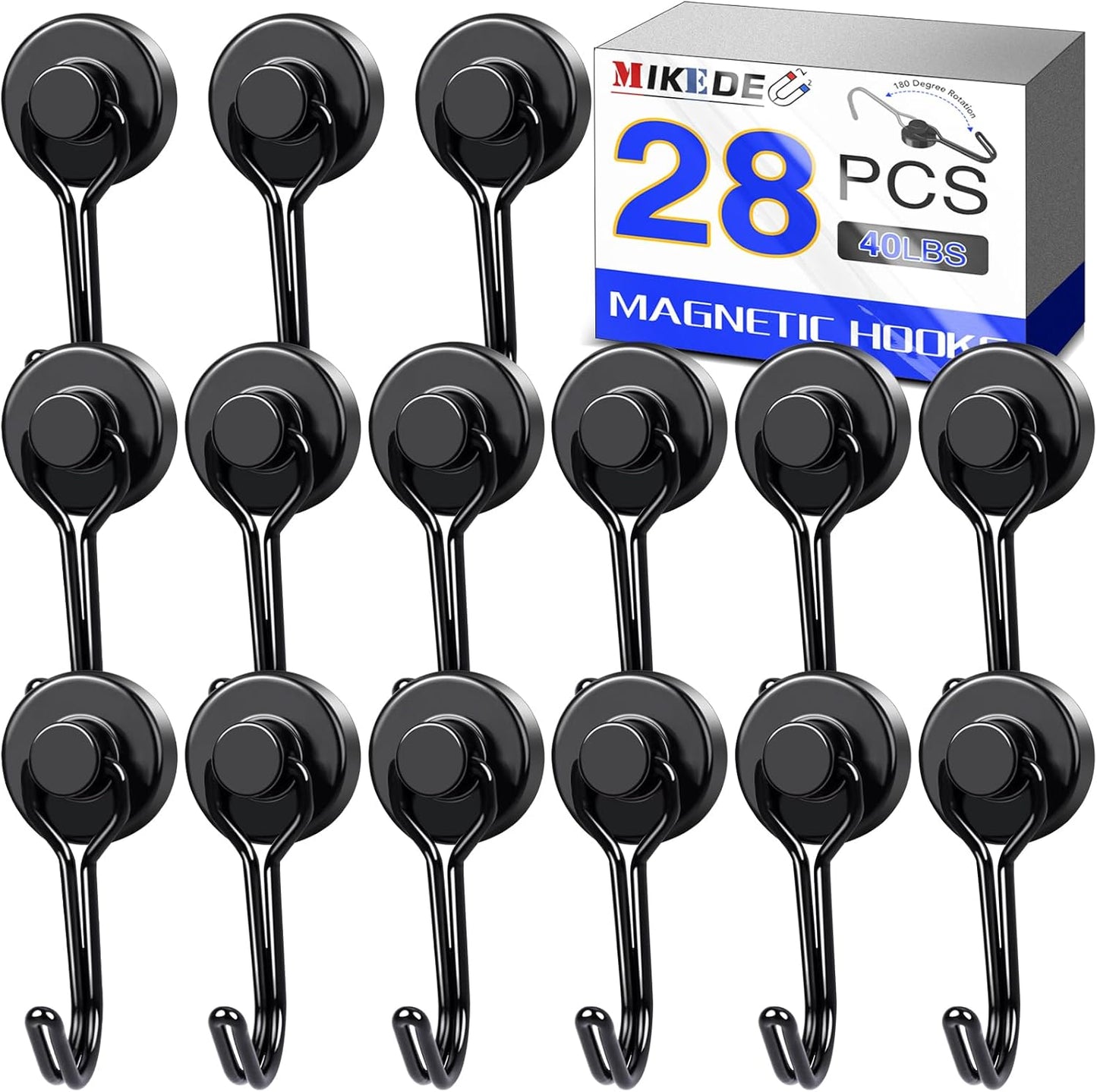 MIKEDE Strong Magnetic Hooks, 40LBS Black Swivel Swing Magnetic Hooks Heavy Duty, Rare Earth Magnets with Hooks for Fridge, Magnetic Grill Hooks for Cruise Cabins, Hanging, Kitchen - 28 Pack