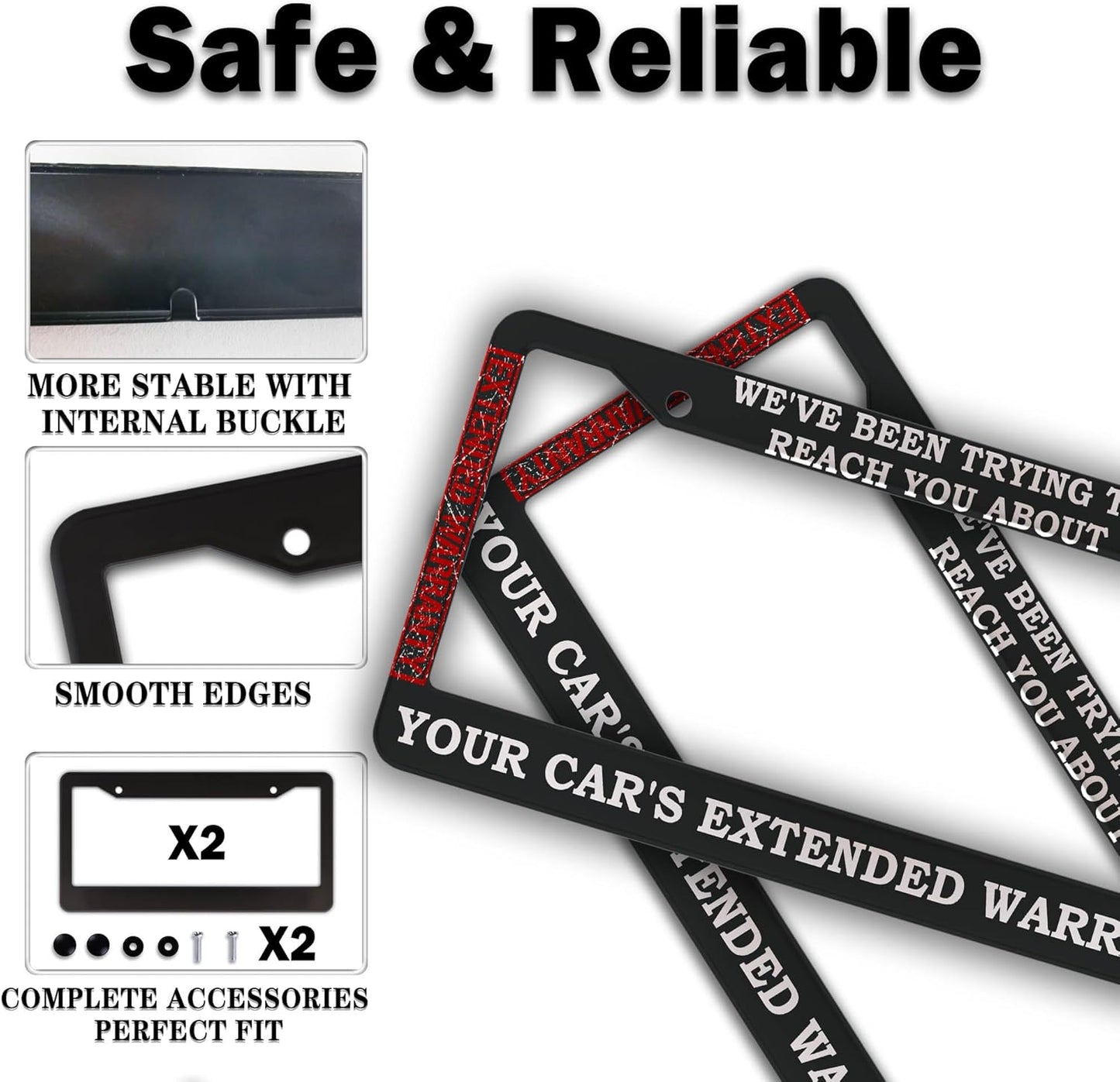 License Plate Frames Black and White License Plate Cover Car’s Extended Warranty Humorous Text Aluminum Metal Car Accessory 2 Pack with Screw Covers Set