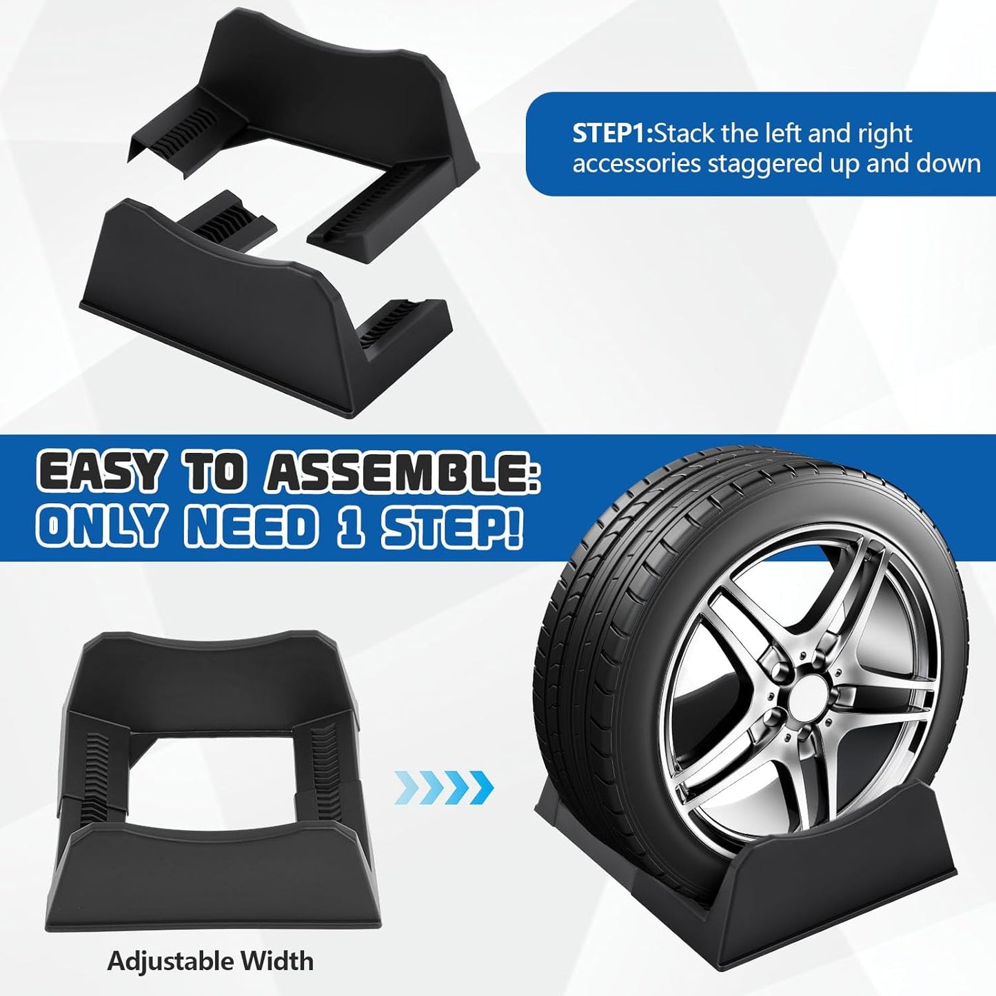 4 Pcs Car Tire Display Stand Wheel Display Rack Adjustable Width Rim Storage Wheel Rim Holder Tyre Stand Base Tire Tray Base for Exhibition Shop Garage Trade Show, Black