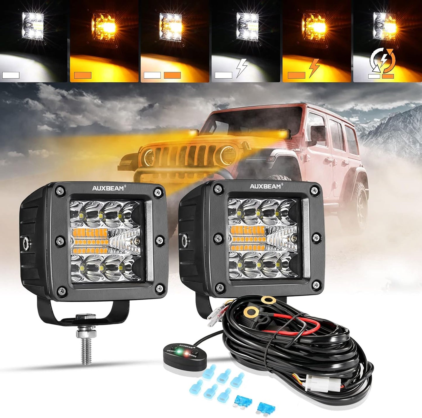Auxbeam LED Pods 3 Inch 72W Amber Fog Light, 6 Modes Strobe Cube Pod Light Bar Dual Color Yellow Spot Flood Offroad Driving Lights Ditch Lights for Truck Car ATV