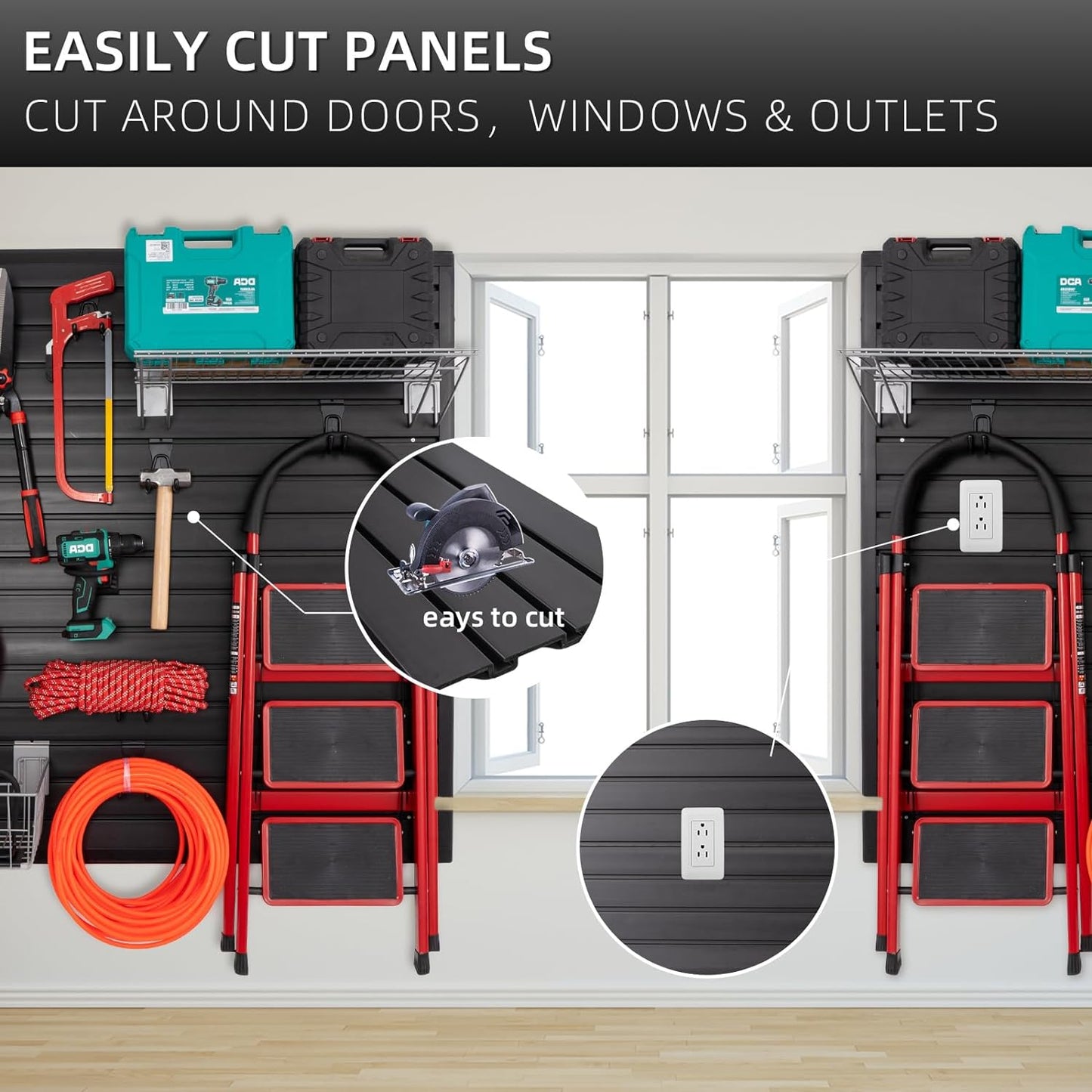 Slatwall Panel Garage Wall Organizer, Heavy Duty Wall Mounted Garage Slat Wall Storage Systems, PVC Wall Panels Slat Board, Slate Wall Black 4'W x 4'L