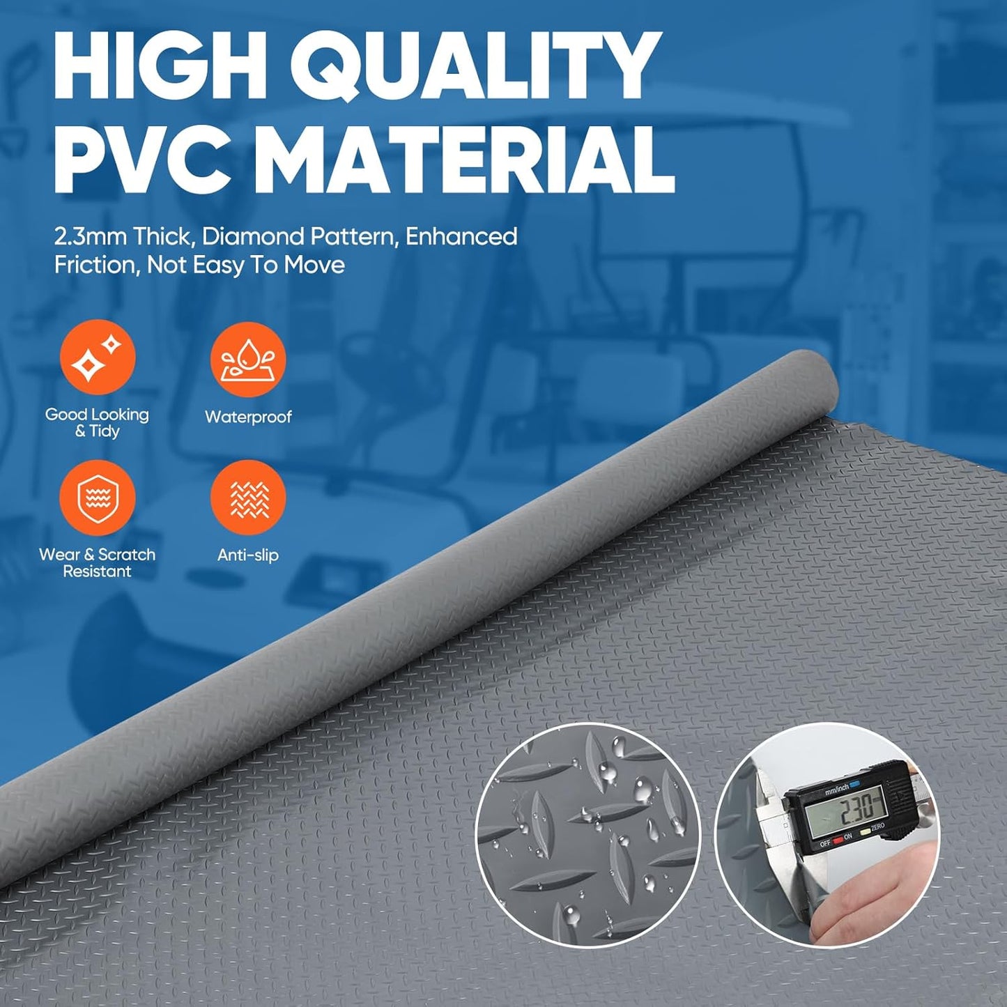 7.5 x 17 FT Garage Floor Mat, Thickened Diamond Plate PVC Garage Parking Mat, Heavy Duty Flooring Roll Mats Waterproof Non-Slip Floor Protector, for Car, Trailer, SUV, Basement, Gym, Shed - Gray