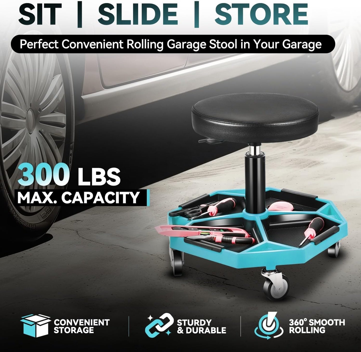 Auto Dynasty Mechanic Stool, Adjustable Rolling Pneumatic Creeper Garage Shop Seat with Tool Tray, 300 LBS Roller Seat for Workshop Auto Repair, Adjustable Height 15.7" to 21", Sky Blue