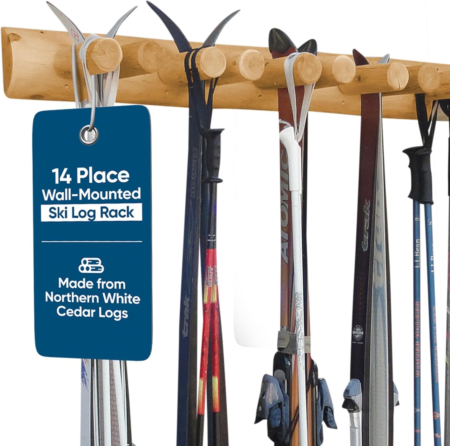 14-Place Log Ski Rack Wall Mount, Indoor Ski Storage Rack for Garage Organizers, Wooden Skis Wall Mount Storage Racks, Pole Skis Sports Racks, Garage Organization Walls - Natural