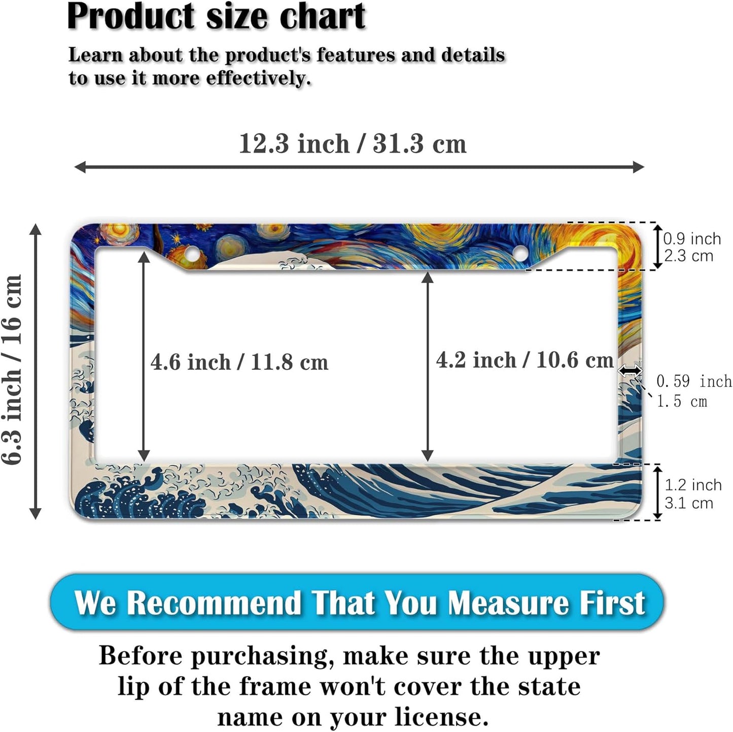 Car Plate Frames for Women Multicolor License Plate Protector for Men Starry Night Big Wave Aluminum Metal Car Accessory 2 Pack with Screw Covers Set