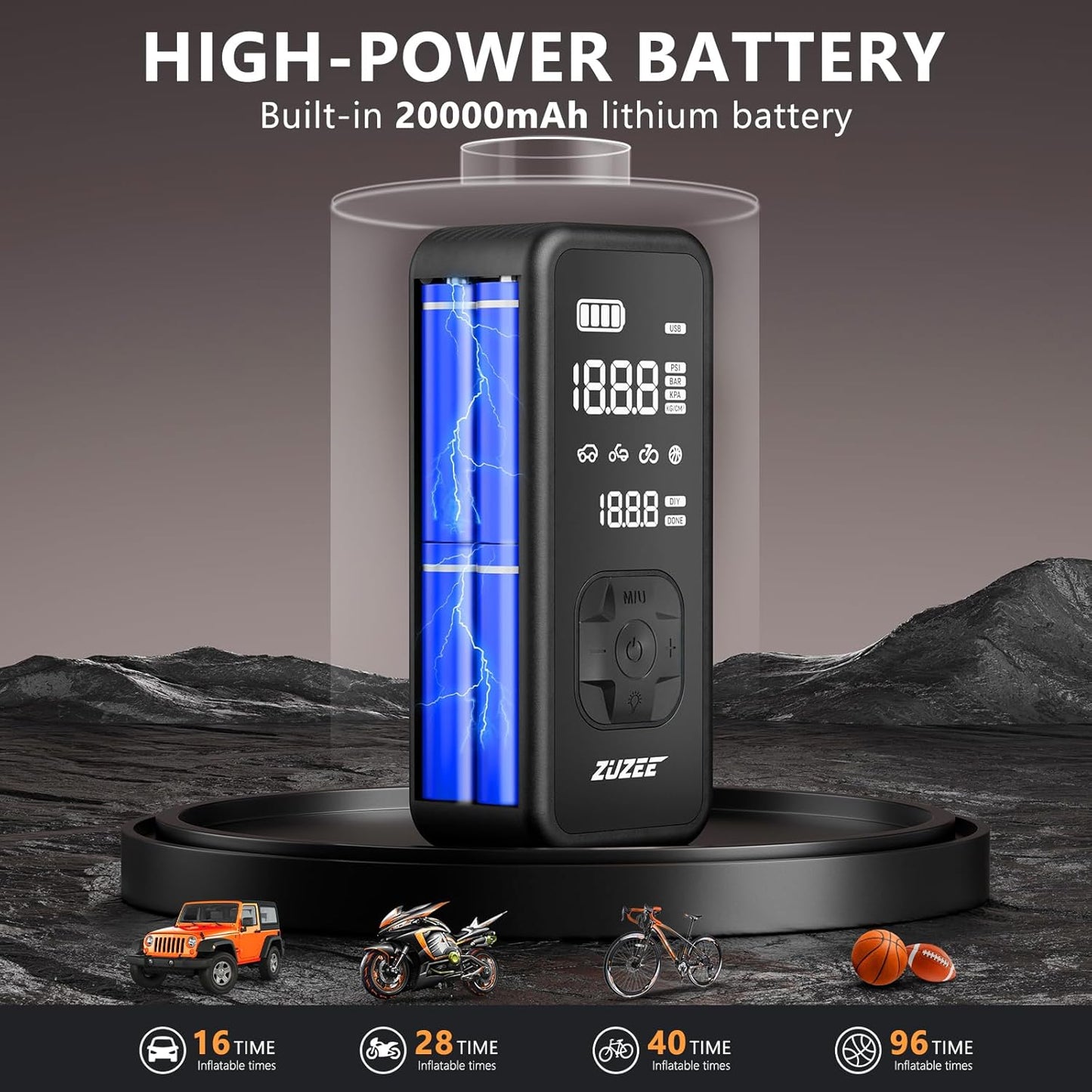 Tire Inflator Portable Air Compressor - 4X Faster Inflation, 150PSI Air Pump for Car Tires with Digital Pressure Gauge/LED Light, 20000mAh Portable Tire Inflator for Car, Moto, Bike, Ball, etc(Black)