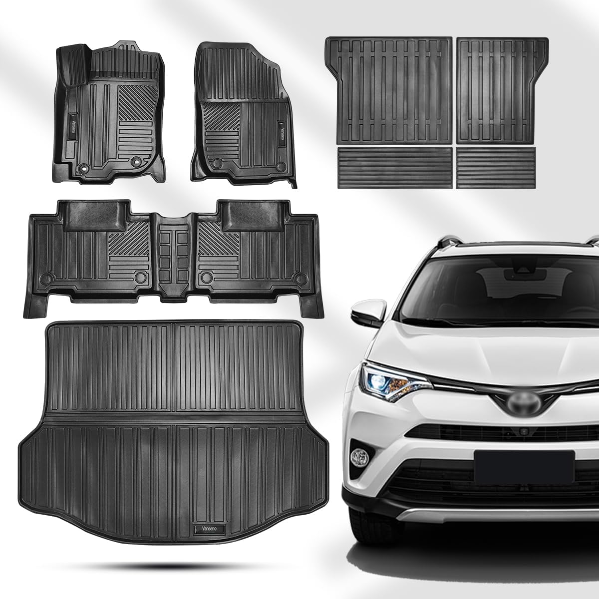 Vanseno Floor mats & CargoTrunk Liners and Backrest Mat Full Set Compatible for Toyota Rav4 2013 2014 2015 2016 2017 2018 All-Weather Rubber Mat Protector Black (13-18RAV4 Full Set)