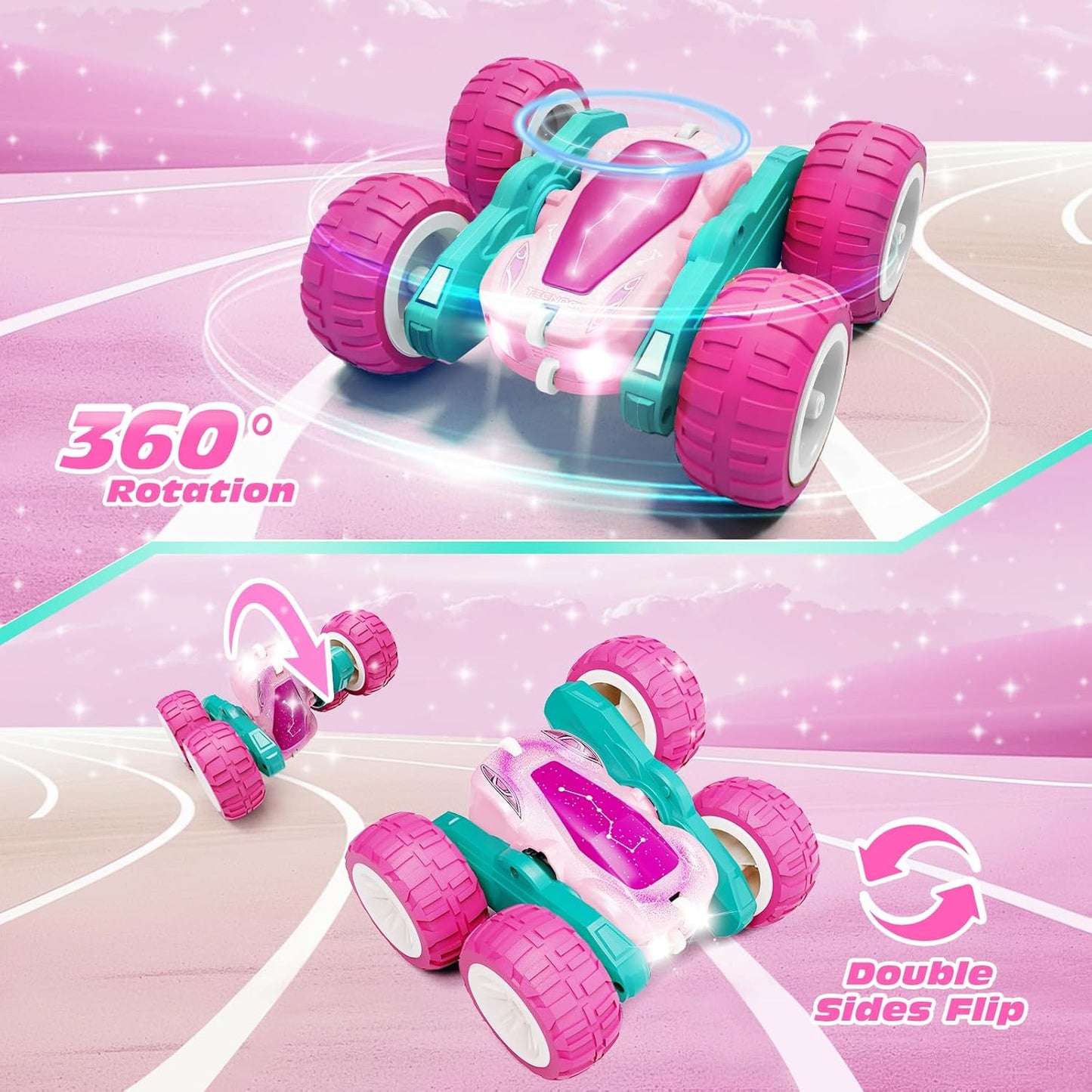 Tecnock Pink Remote Control Car for Girls and Boys, 2.4GHz RC Cars with USB-C Easy Charging, 4WD Double Sided 360° Rotates and Flips RC Stunt Car, Toys Gift for Kids