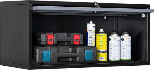 Metal Storage Cabinet Black&Gray Wall Cabinets with Locking Door - Wall Mounted Storage Cabinet for Garage Warehouse Home Office - Assembly Required