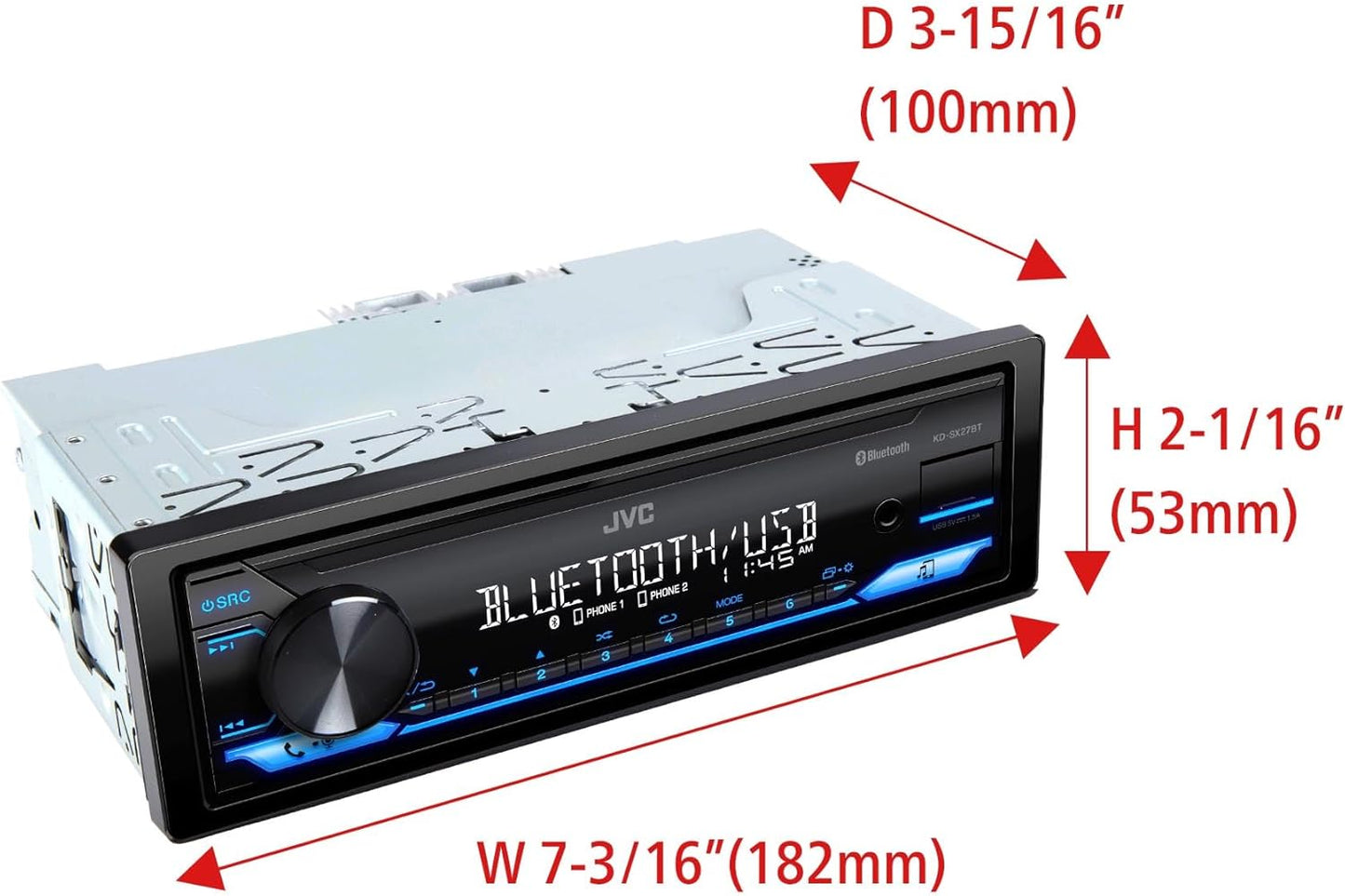 JVC KD-SX27BT Car Stereo with Bluetooth, 100W Digital Media Receiver, 1.5A USB to Charge Devices, Single DIN Head Unit, AM/FM, Aux-in, JVC Remote App