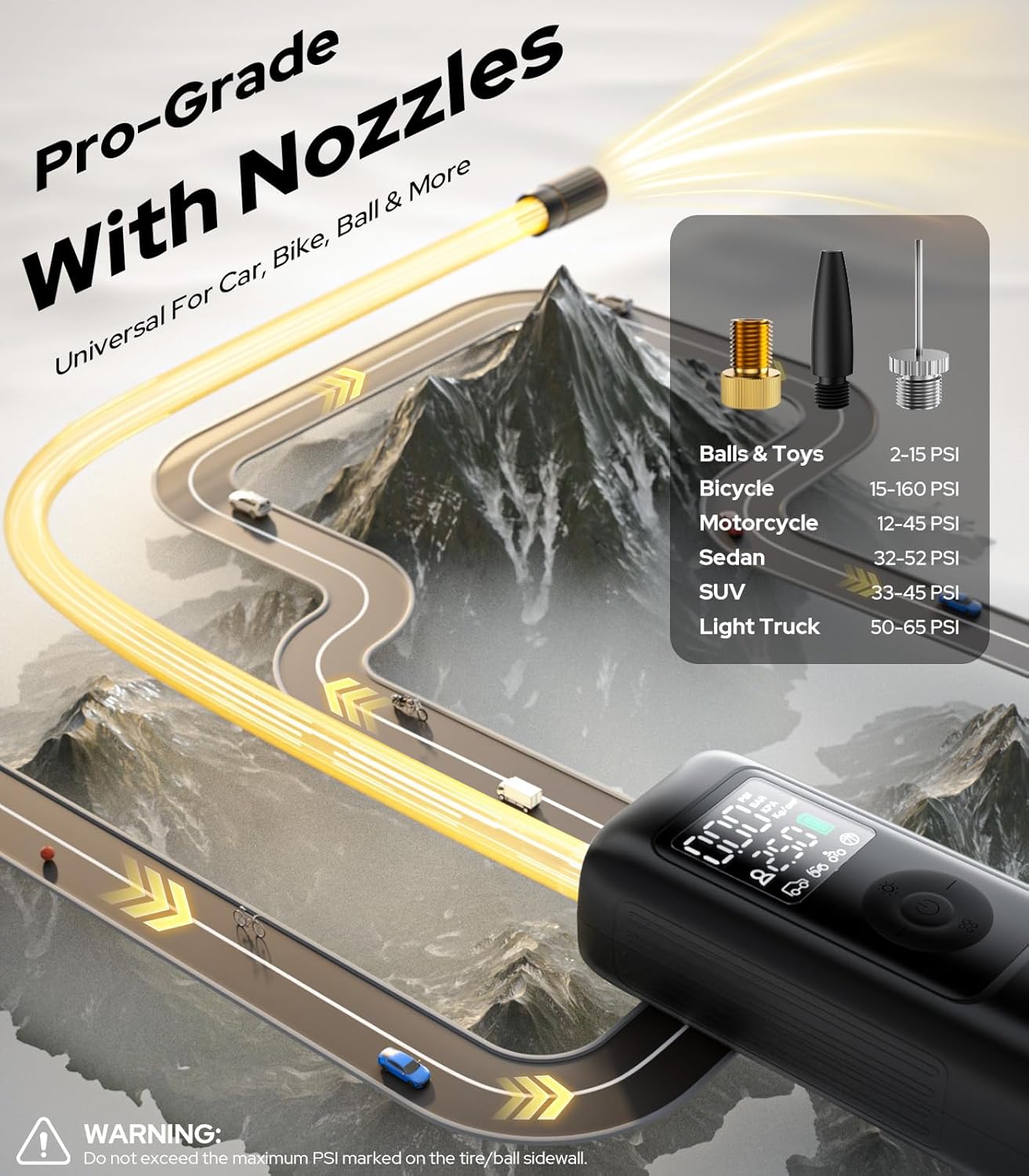 WARWOLF 160PSI Tire Inflator Portable Air Compressor - 48LPM Fast Air Pump for Car Tires: SUV, Light Truck, Motorcycle, Bike, 10000mAh with Auto Shut-Off, Digital Gauge, 12V Car Adapter, LED Light