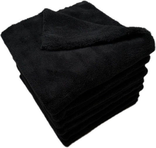 Plush Edgeless Microfiber Towel for Car, Soft Drying Wash Detailing Buffing Polishing Towel, 500 GSM 6PACK 16 x 16inches (Black, 6Pack)