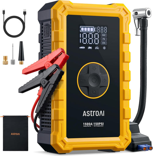 AstroAI S8 Air Jump Starter with Air Compressor, 1500A Car Battery Jumper Starter Portable (6.0 Gas/3.0L Diesel) with 150PSI Cordless Auto-Shutoff Tire Inflator, 12V Battery Charger Booster(Yellow)