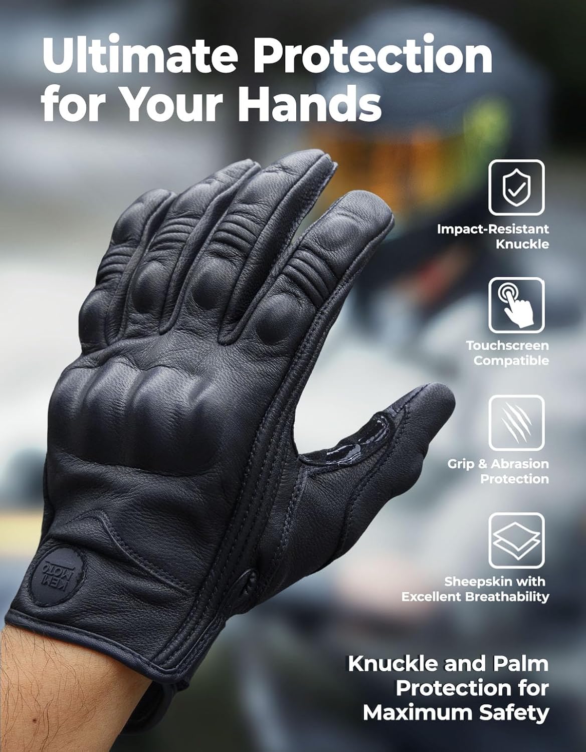 KEMIMOTO Motorcycle Leather Gloves, Sheepskin Protective Gloves for Men and Women, Touchscreen Compatible, Hard Knuckle，Gear for Motorcross Racing Cycling