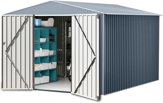 10x10FT Outdoor Metal Storage Shed, Lockable Weatherproof Garden Shed for Tools & Equipment, Durable Galvanized Steel with Sloping Roof & Ventilation, Ideal for Backyard, Patio & Garage Storage, Grey