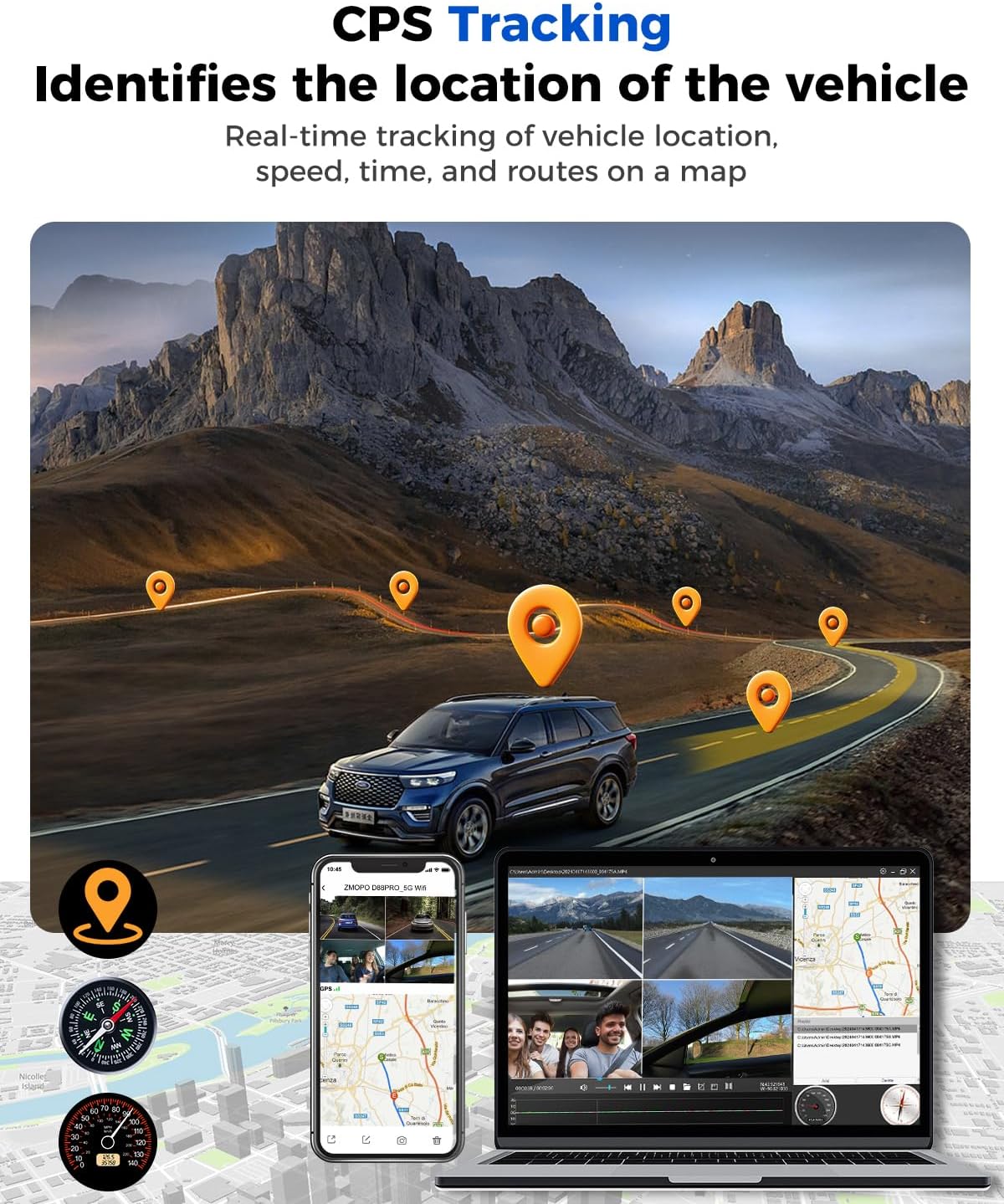 360 뷰 4 채널 대시 캠 전면 및 후면 왼쪽 오른쪽 내부 카메라, 자동차, GPS 및 5G 밴드 WiFi, 야간 시야, 160도 광각, WDR, 24H 주차 모드, 슈퍼 커패시터, 128GB 카드 포함