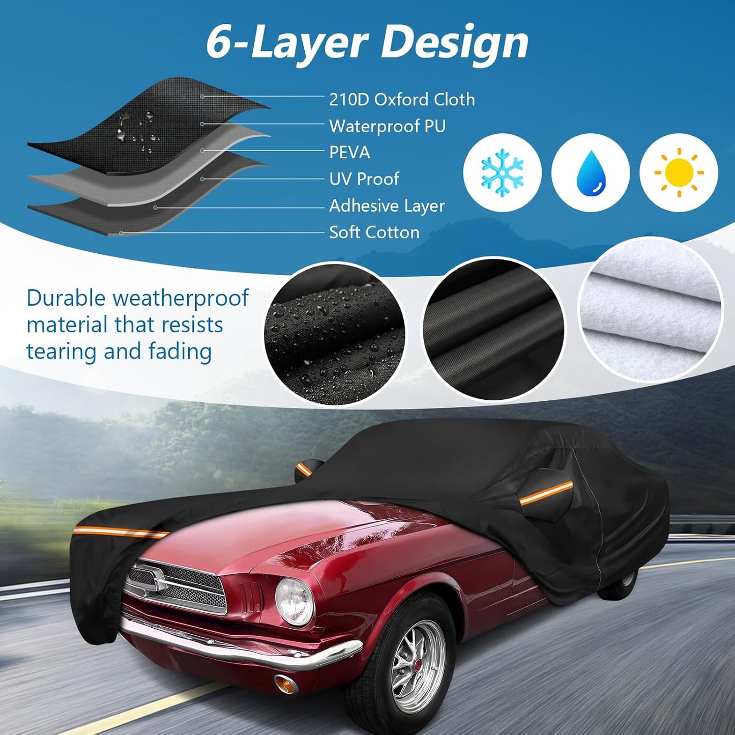 Car Cover for Ford Mustang 1964-1968, Waterproof 210D Oxford Cloth and Cotton Cover Outdoor Full Car Covers with Zipper Windproof Heavy Duty All Weather with Wind, Sun, UV and Dust Protectio