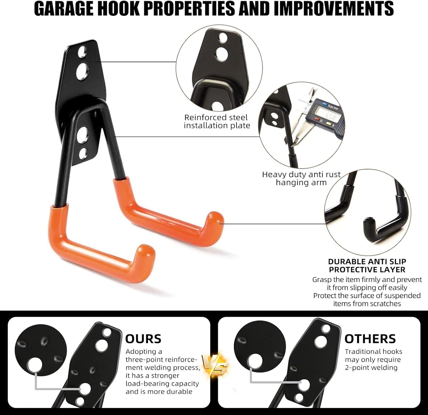 6-Pack Small Square Heavy Duty Garage Hooks, Ideal for Hanging Ladders, Bikes, Tools, Garage, Garden, Basement, Shed, Utility Room Storage (Black)