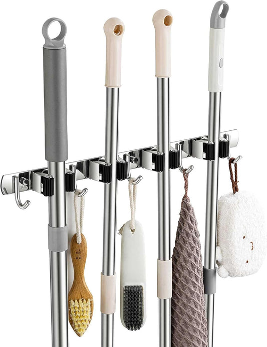 Broom Holder Wall Mount, Stainless Steel Broom Hanger Wall Mount, Heavy Duty Mop and Broom Holder Tool Racks Utility Hooks for Laundry Room Garden Garage, Black (4 Racks and 5 Hooks)