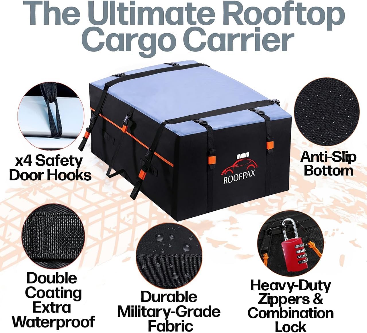 RoofPax XXL 28 cuft Car Rooftop Cargo Carrier Bag Extra Waterproof Car Roof Storage with 10 Heavy Duty Tie Down Straps and 4 Hooks Roof Bag Cargo Carrier for Top of Vehicle with/Without Rack
