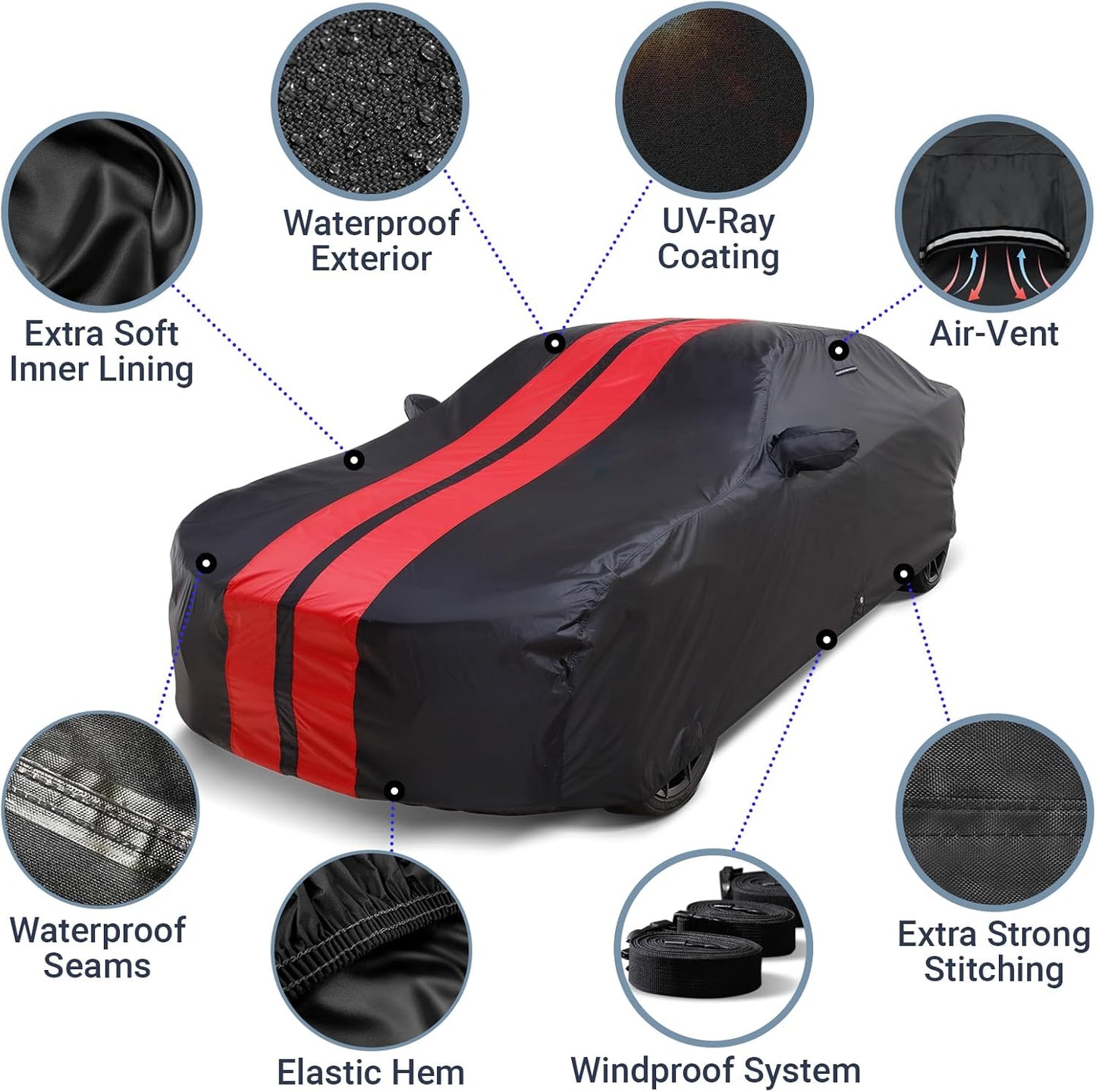 iCarCover Custom Car Cover for Pontiac G8 Sedan (2008-2009) Waterproof All-Weather Rain Snow UV Sun Protector Full Exterior Indoor Outdoor Car Cover (Stripe - Black/Red)