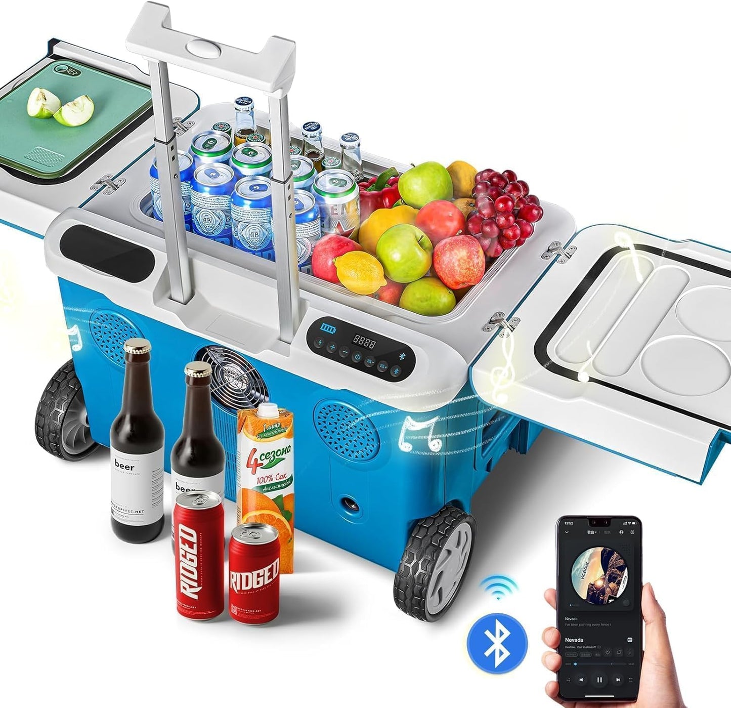 AAOBOSI Car Fridge, 42Quart(40L) Portable 12 Volt Car Refrigerator Cooler with Wheels&Bluetooth Speaker&Handle&Battery Powered, -4℉~68℉ with 12/24V DC,100-240VAC for Camping, Beach,Party,Pool,Travel