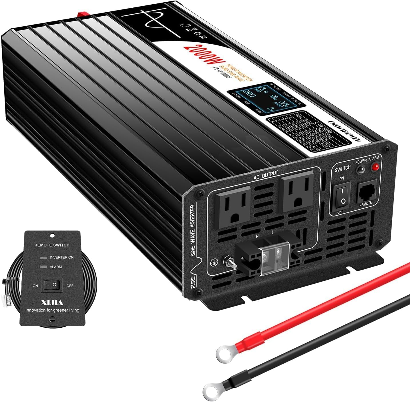 Xijia 2000W Pure sine Wave Power Inverter (Peak Power 4000W) dc 12v to 110v/120V ac 60HZ LCD-Display Bluetooth Remote Control,2 AC Outlets for RV, Camping, Boat,Outdoor