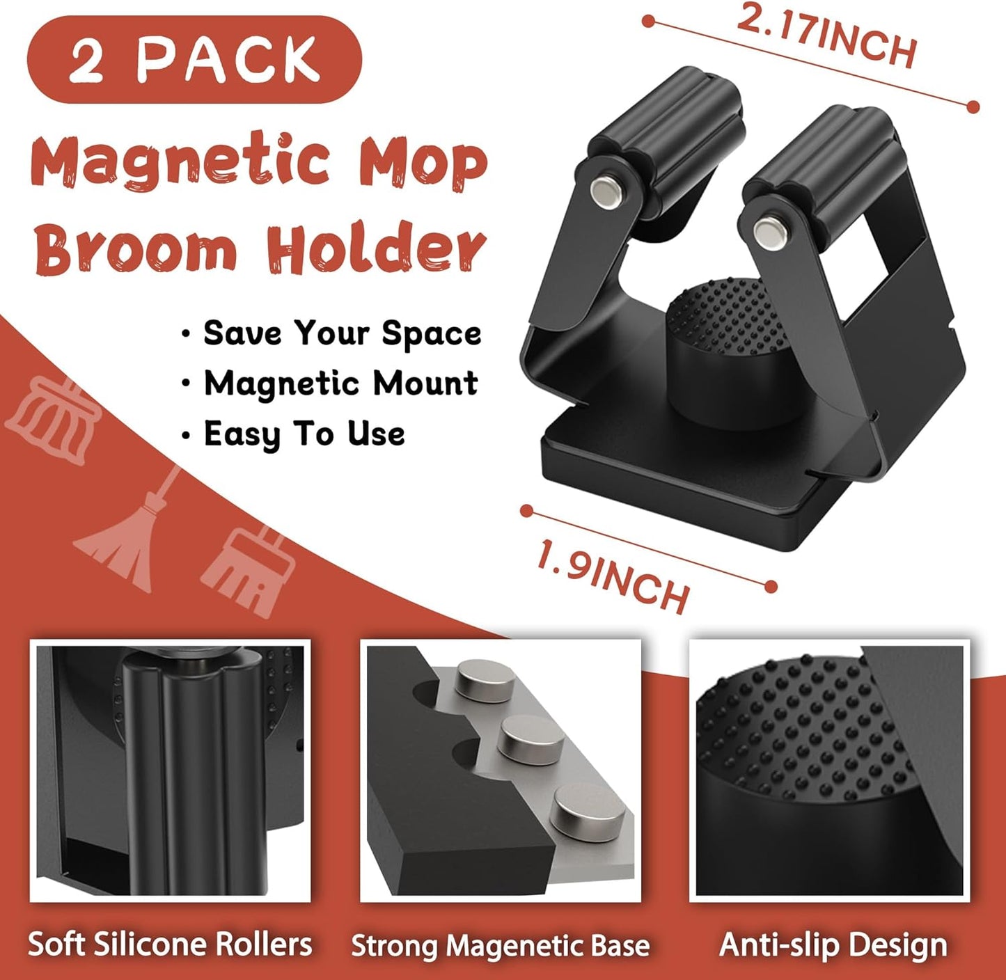 Magnetic Broom Holder,2 Pack Strong Magnetic Mount Broom and Mop Holder for Cleaning Tools,Power Non-Slip Magnetic Tool Holder Broom Hooks for Apartment RV Accessories Camper Garage Kitchen