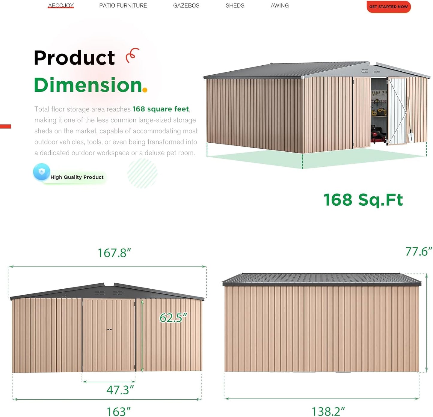 AECOJOY 14' x 12' Shed Outdoor Metal Storage, Large Storage Sheds & Outdoor Storage Clearance 14' x 12', Large Steel Yard Shed, Tool Storage for Garden, Backyard, Patio, Outside use in Grey