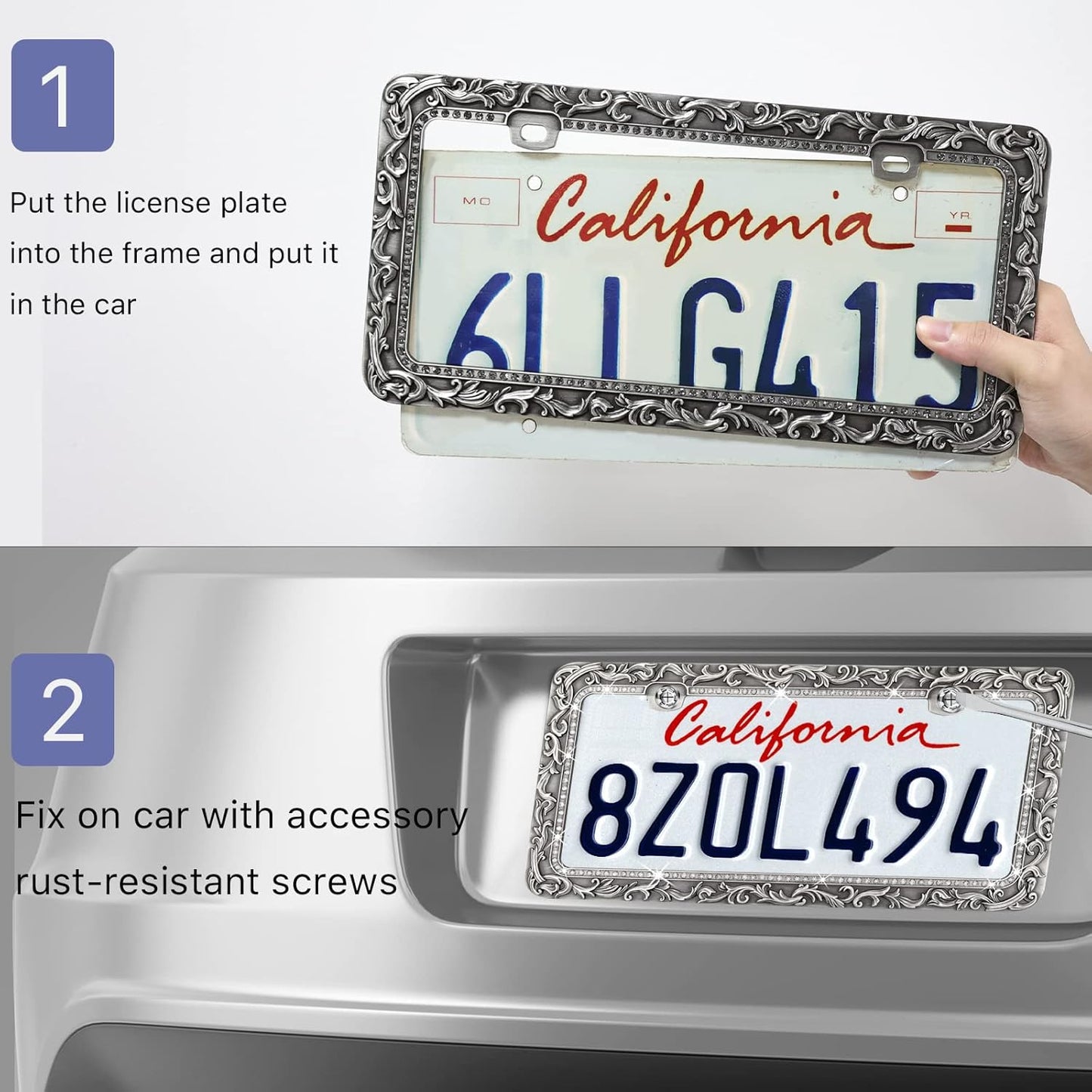 Valor Gel Metal Car License Plate Frames,Antique Old Pattern Printing, Bling Crystal Rhinestones Inlaid,Universal 2 Holes Automotive Replacement Parts Plate Holder(1 Pack)