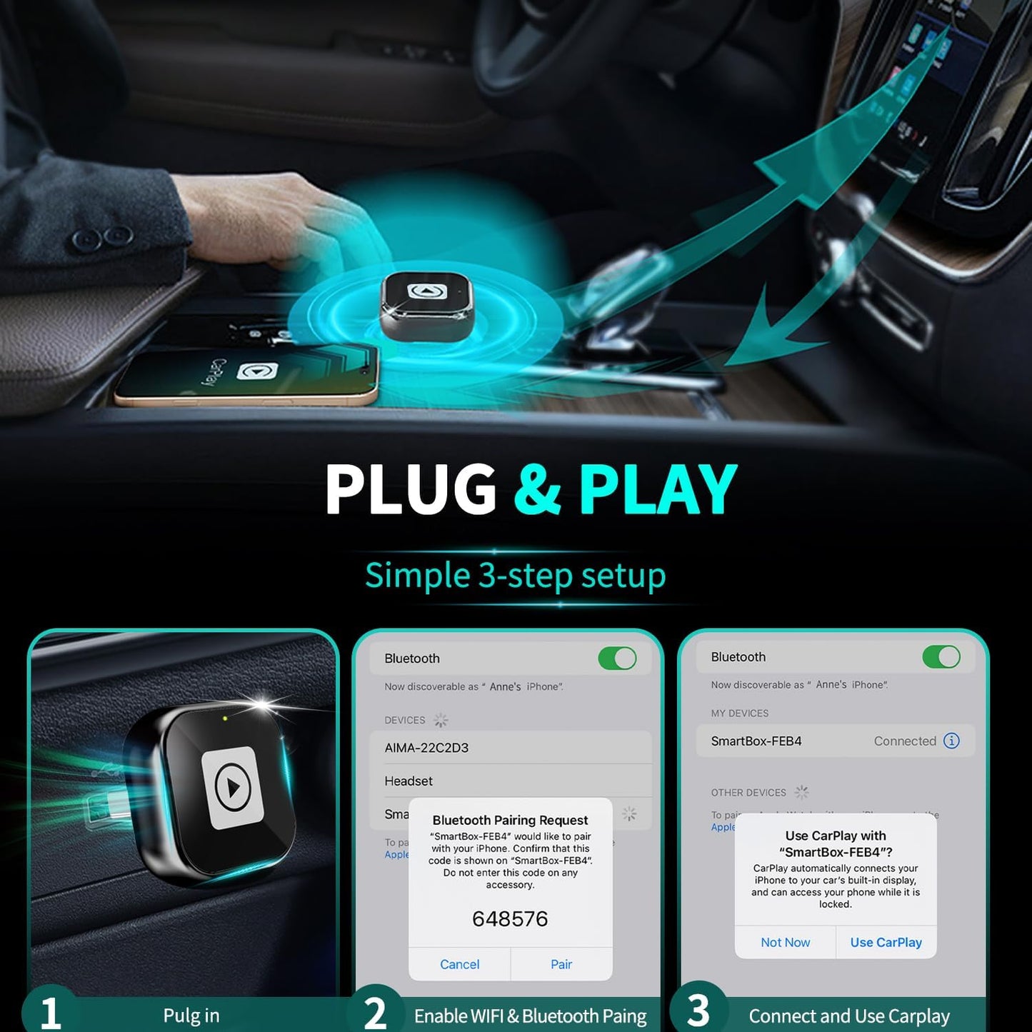 Wireless CarPlay Adapter for iPhone - Mini USB Design, Plug & Play, Auto Connect,Convert Wired to Wireless CarPlay in Seconds, iOS 10+ Compatible (2025 Upgrade) for Cars 2016+ (Black)