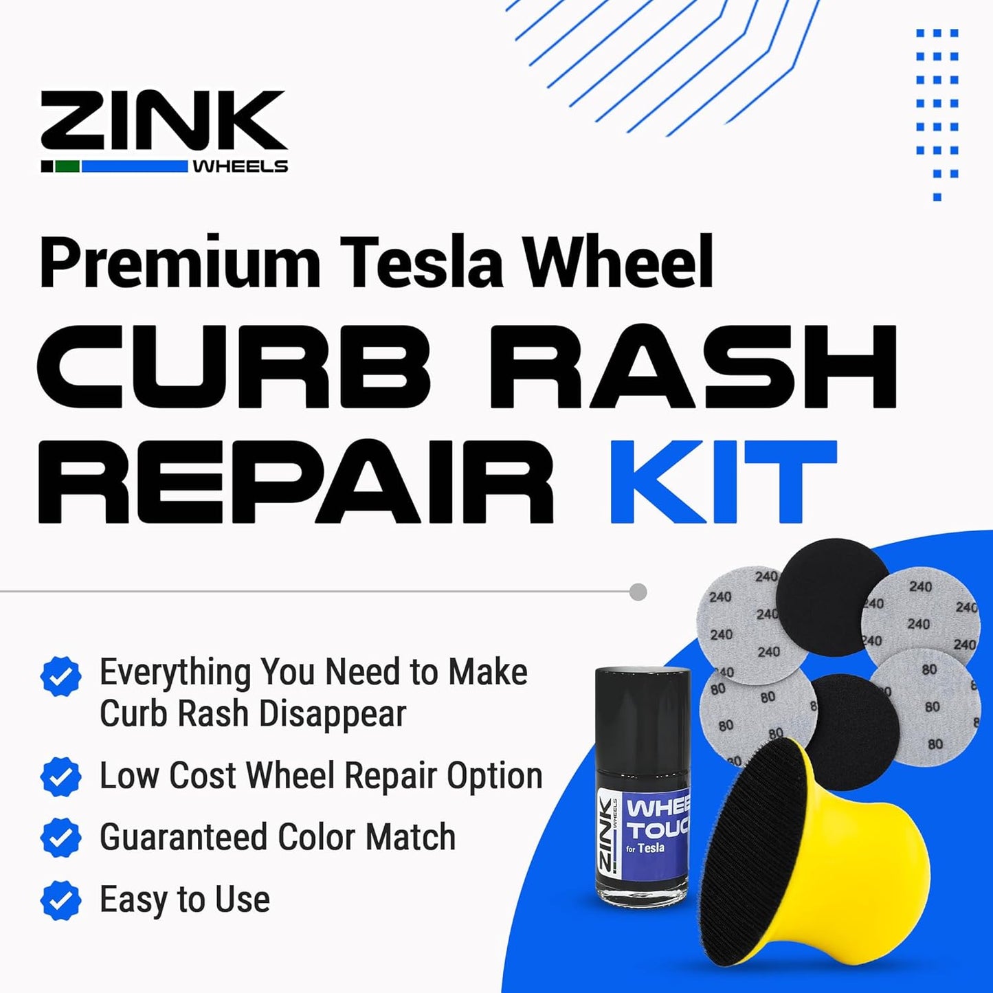 Premium Tesla Wheel Curb Rash Repair Kit for Model Y 19-inch Black Crossflow Rims - DIY Kit with Color-matched Touch Up Paint - Made in USA